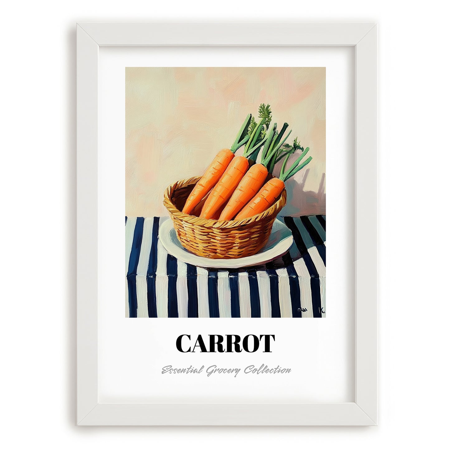 Carrot – on Striped Tablecloth, Vegetable Wall Decor, placed in minimal white frame