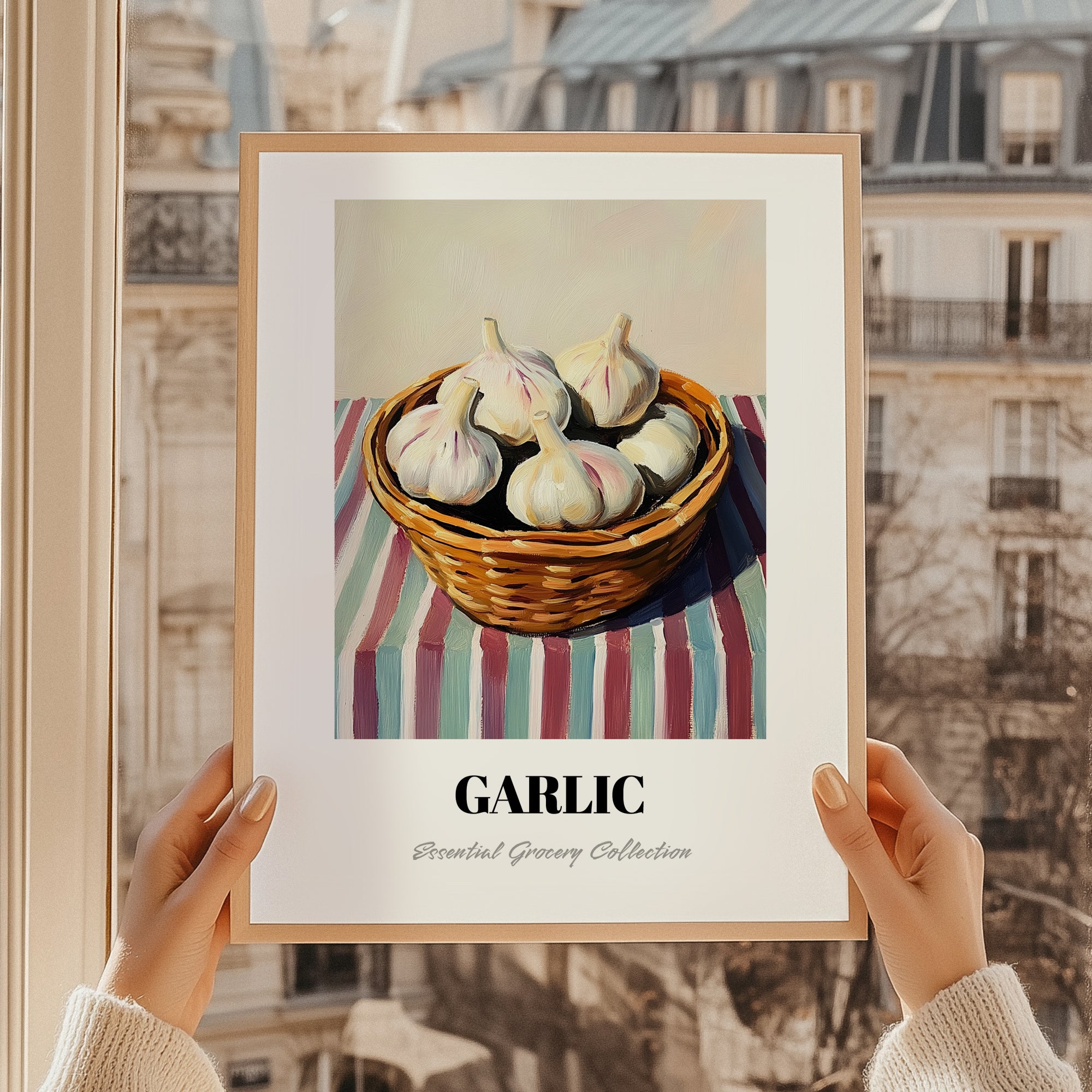Garlic – on Striped Tablecloth, Vegetable Wall Art, styled in a charming Paris street view