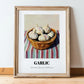 Garlic – on Striped Tablecloth, Vegetable Wall Art, in wooden frame leaning on the floor