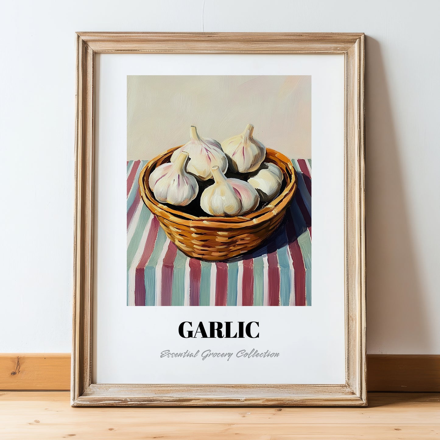 Garlic – on Striped Tablecloth, Vegetable Wall Art, in wooden frame leaning on the floor
