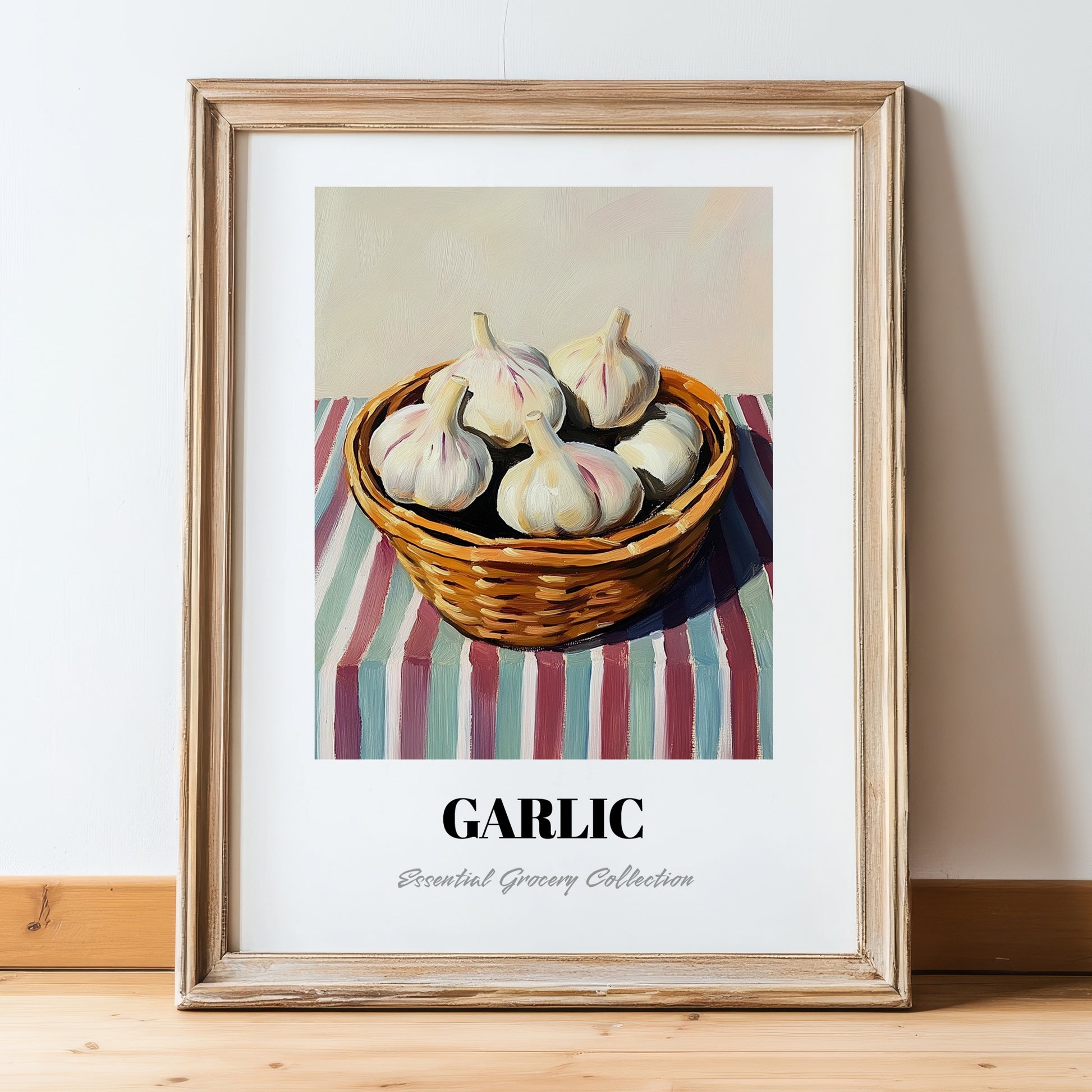 Garlic – on Striped Tablecloth, Vegetable Wall Art, in wooden frame leaning on the floor