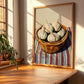 Garlic – on Striped Tablecloth, Vegetable Wall Art, clean layout with no caption