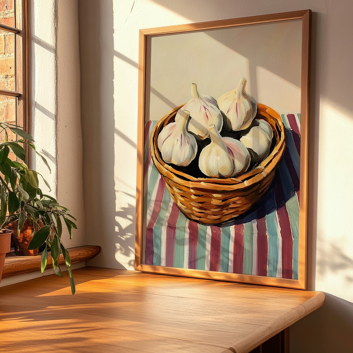 Garlic – on Striped Tablecloth, Vegetable Wall Art, clean layout with no caption
