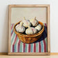 Garlic – on Striped Tablecloth, Vegetable Wall Art, no-text version framed in wood