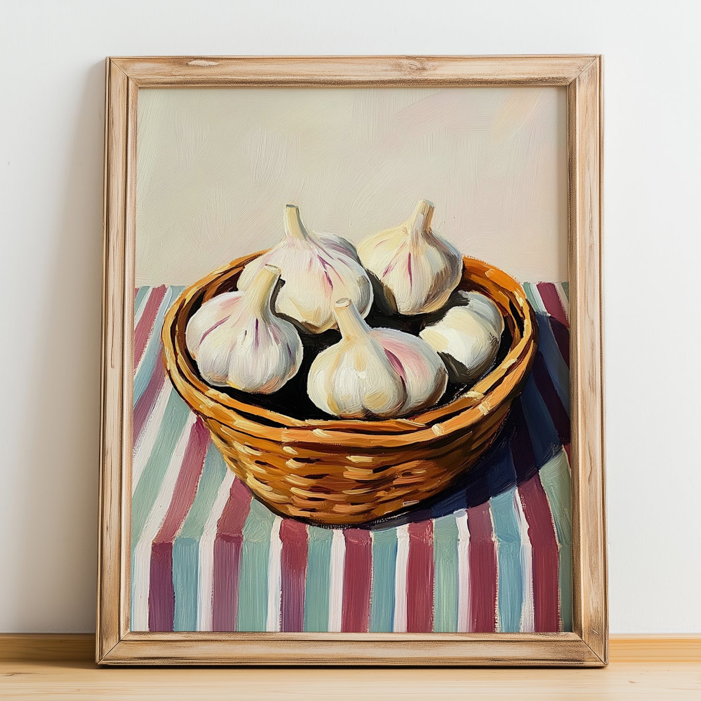 Garlic – on Striped Tablecloth, Vegetable Wall Art, no-text version framed in wood
