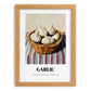 Garlic – on Striped Tablecloth, Vegetable Wall Art, set in oak frame