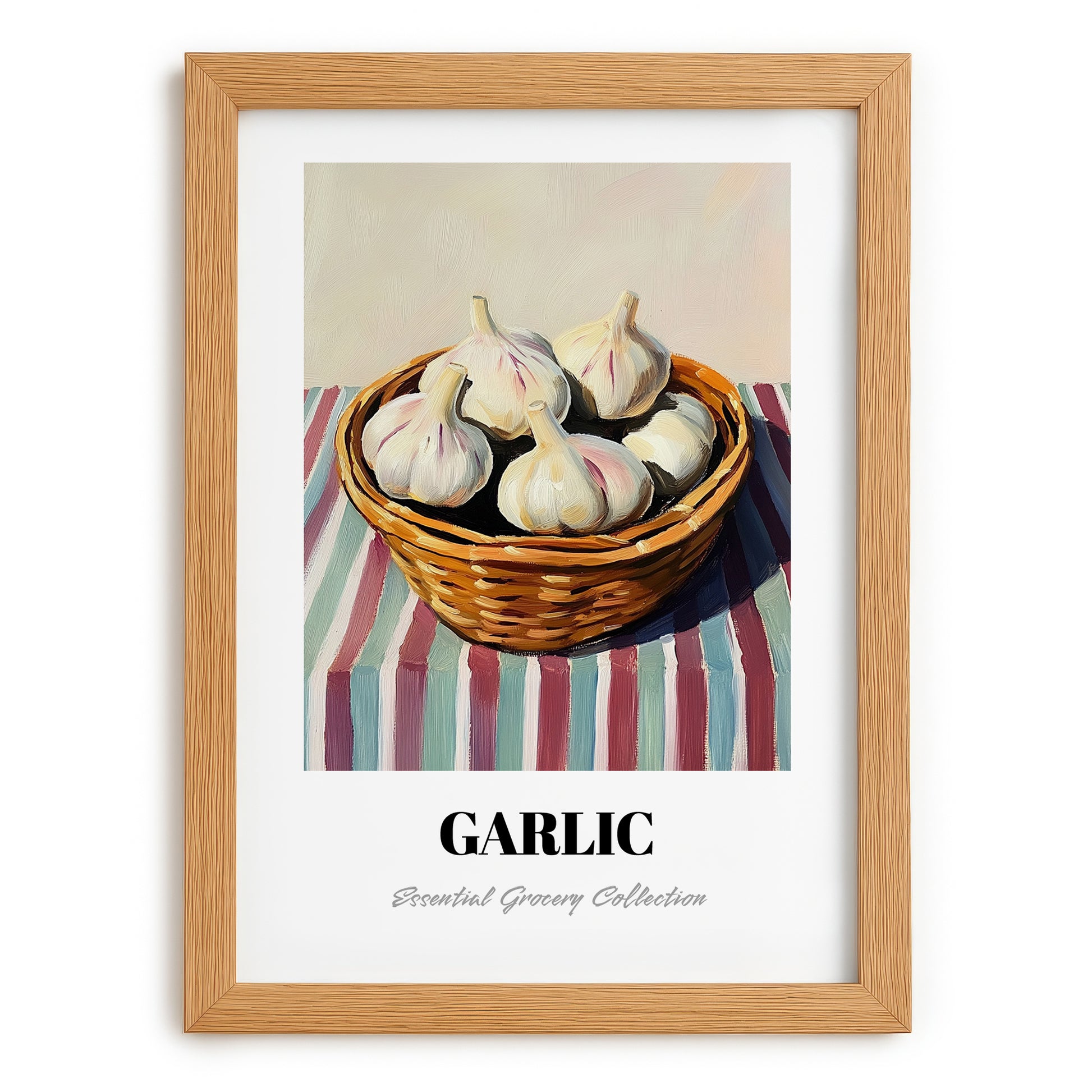 Garlic – on Striped Tablecloth, Vegetable Wall Art, set in oak frame