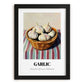 Garlic – on Striped Tablecloth, Vegetable Wall Art, in sleek black frame