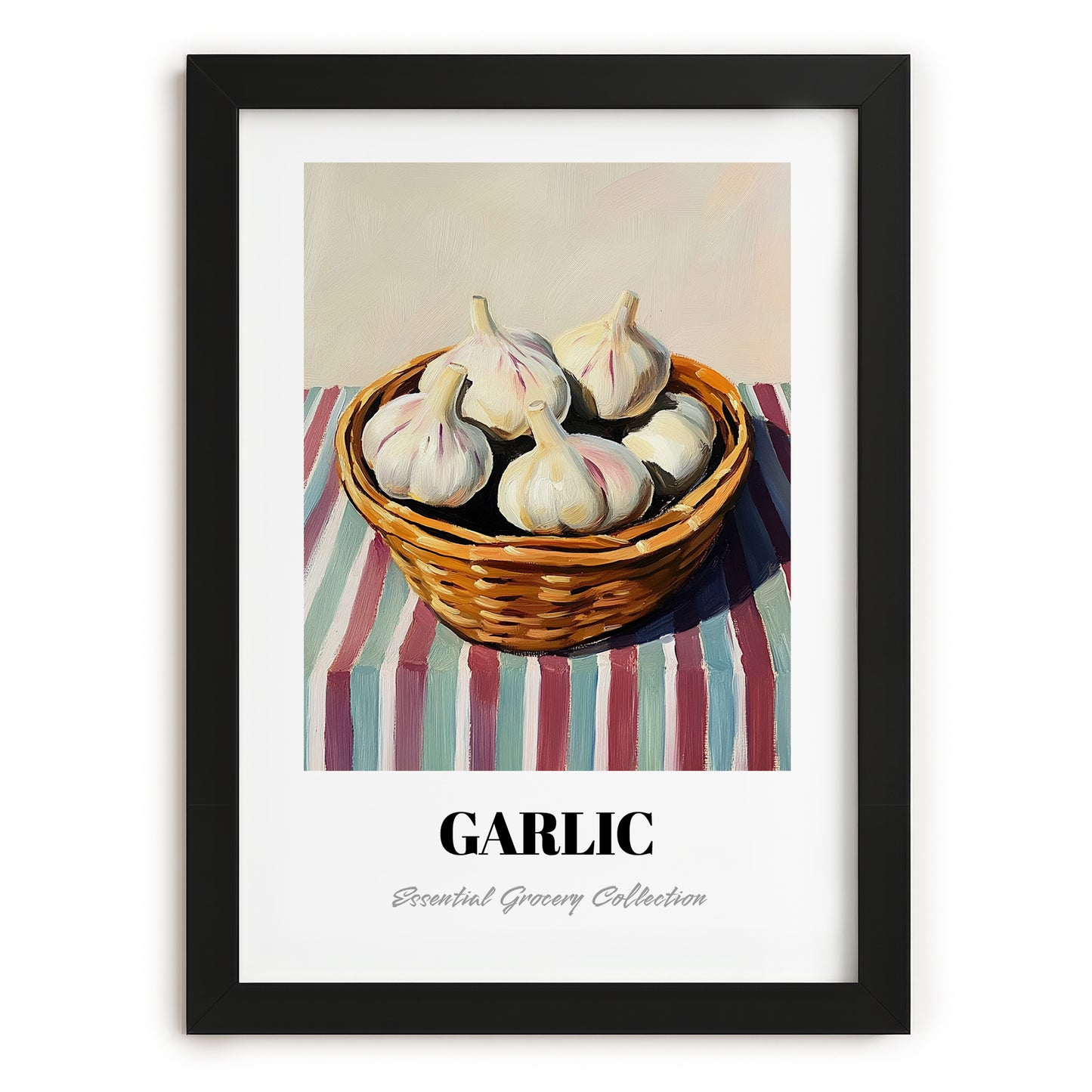Garlic – on Striped Tablecloth, Vegetable Wall Art, in sleek black frame