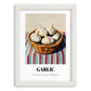Garlic – on Striped Tablecloth, Vegetable Wall Art, placed in minimal white frame