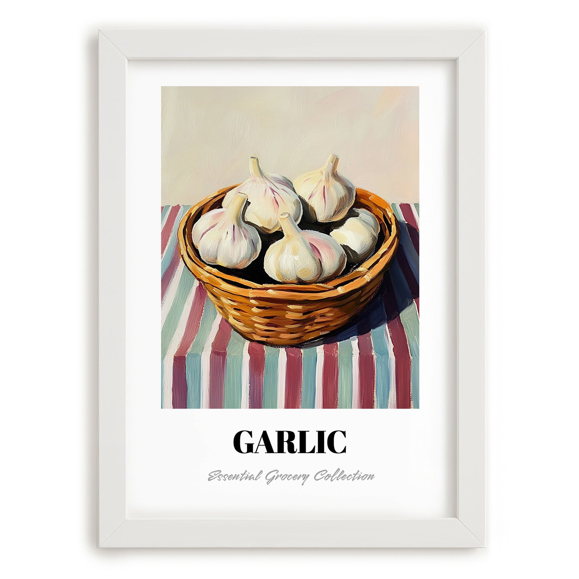 Garlic – on Striped Tablecloth, Vegetable Wall Art, placed in minimal white frame