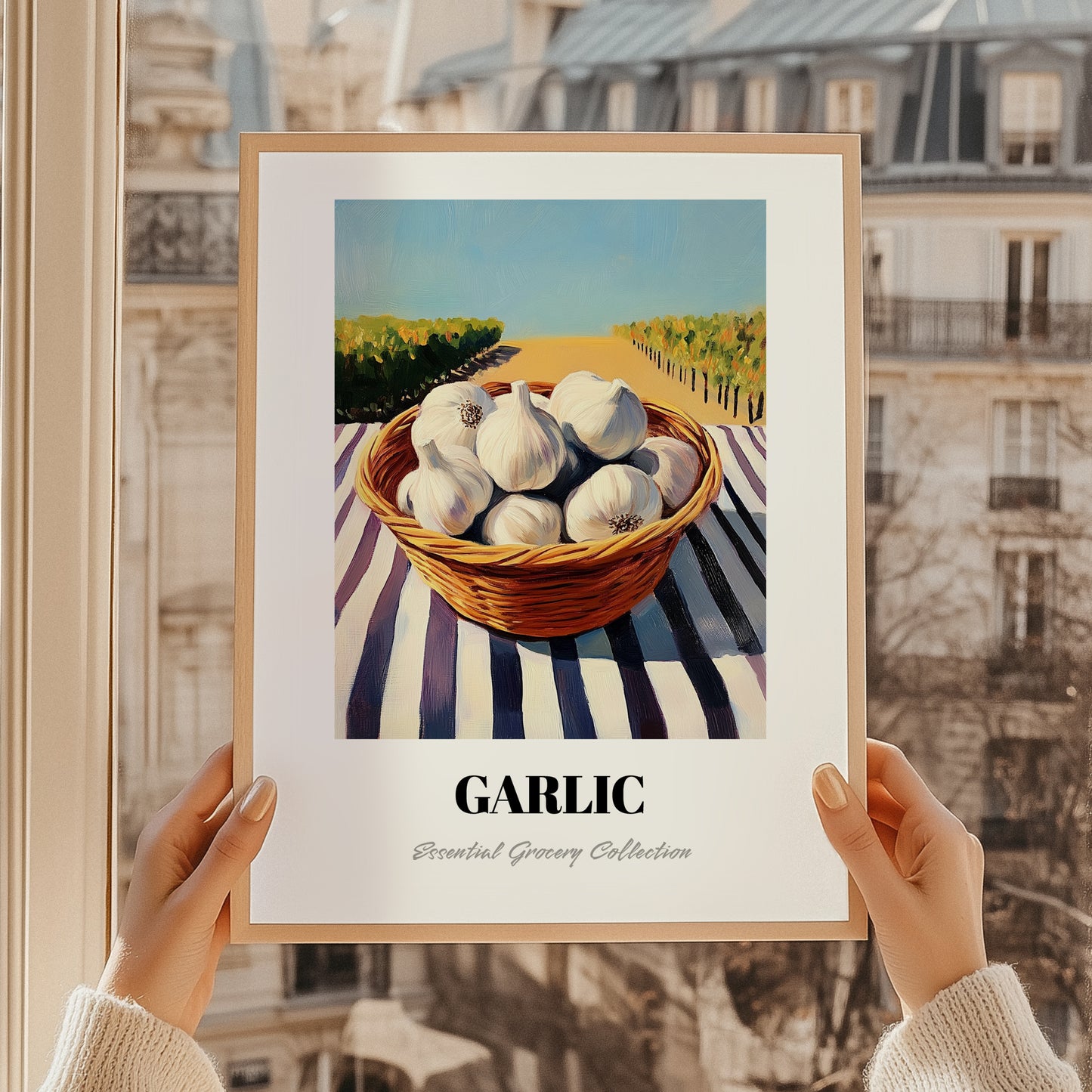 Garlic – Green Valley Landscape, Vegetable Poster, styled in a charming Paris street view