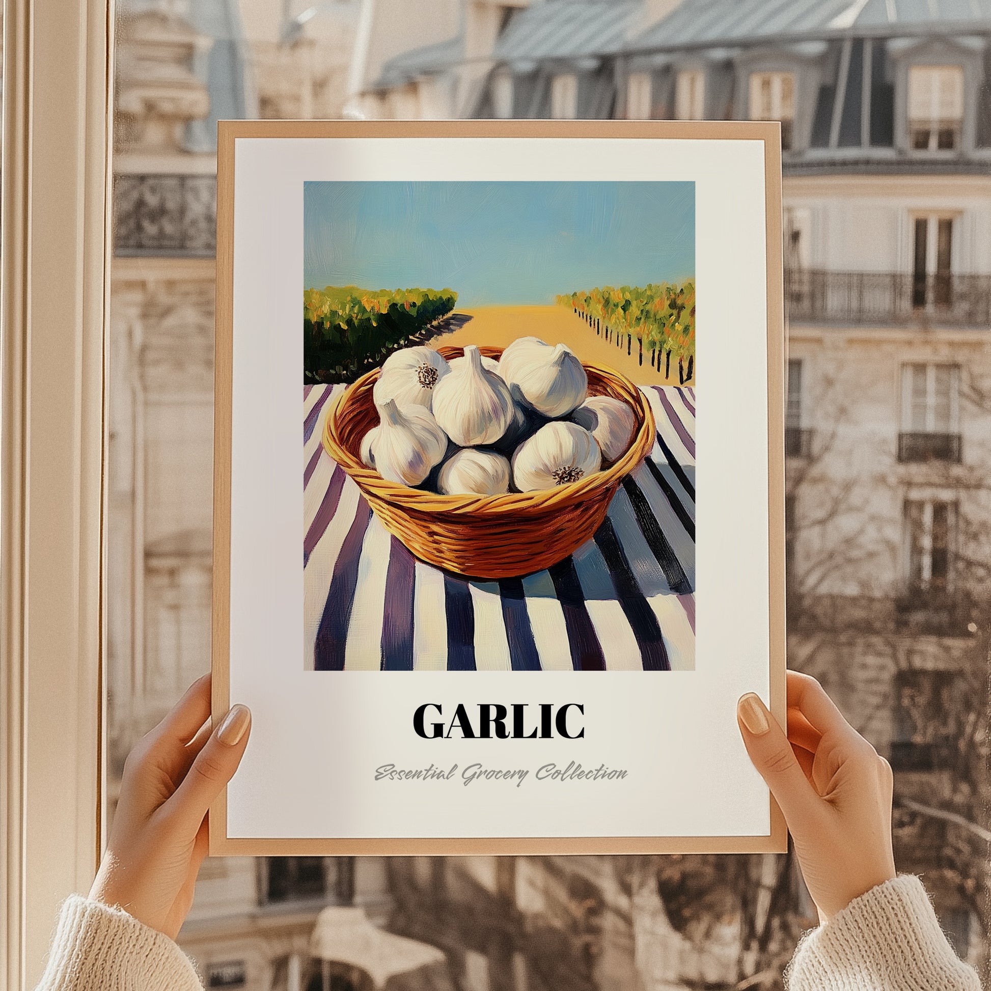 Garlic – Green Valley Landscape, Vegetable Poster, styled in a charming Paris street view