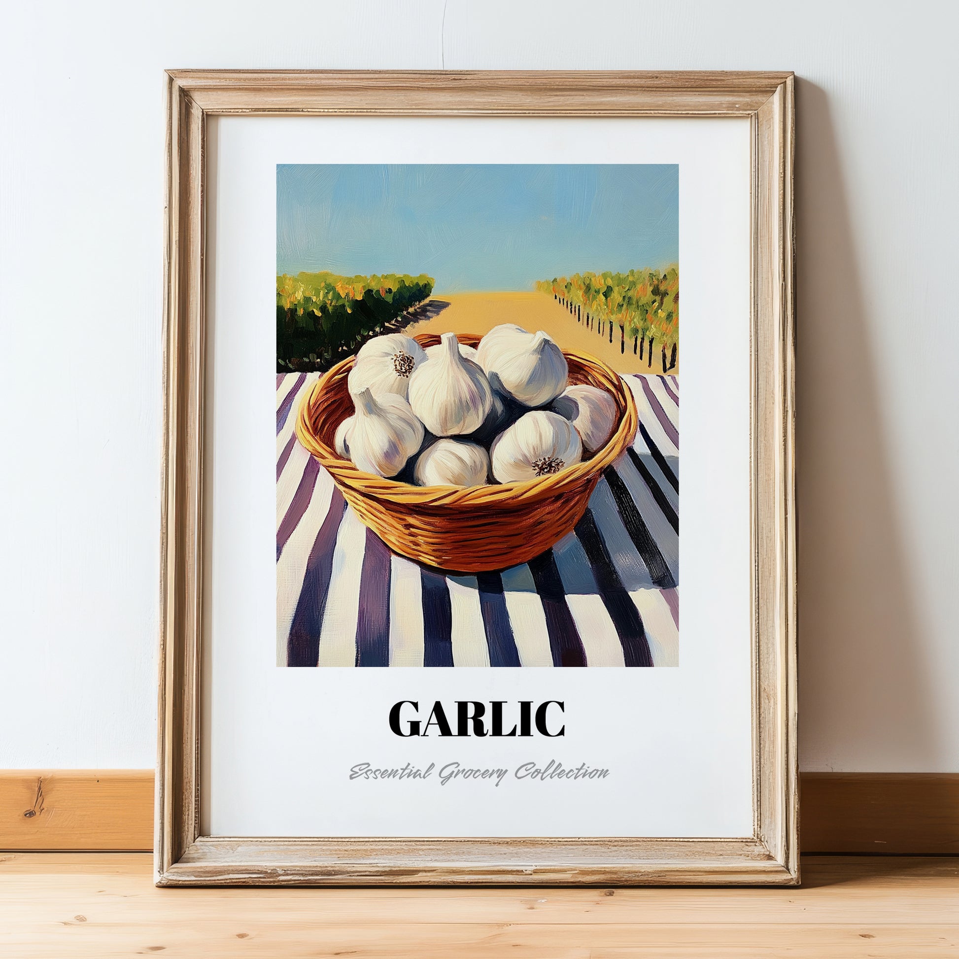 Garlic – Green Valley Landscape, Vegetable Poster, in wooden frame leaning on the floor