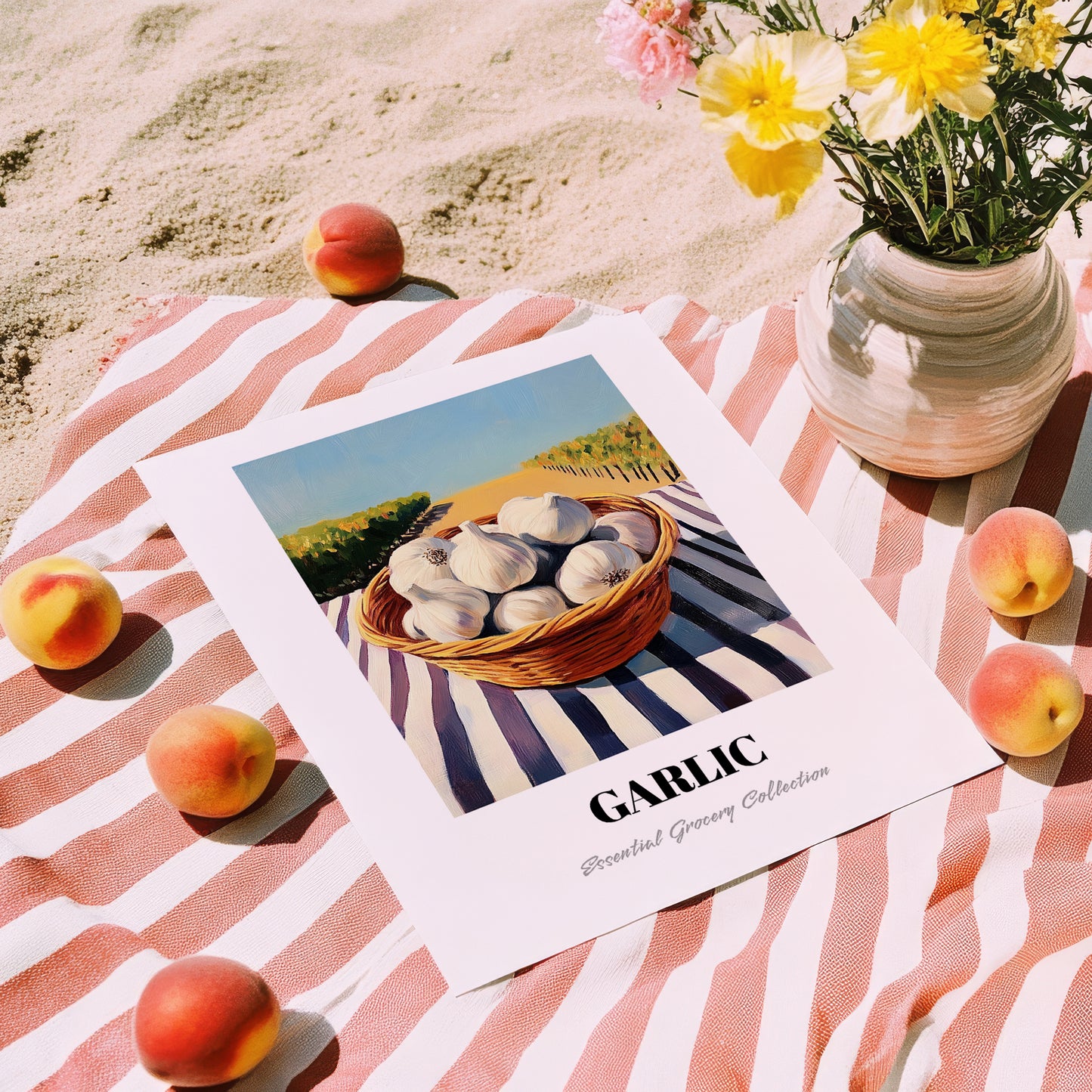 Garlic – Green Valley Landscape, Vegetable Poster, unframed on coastal sand