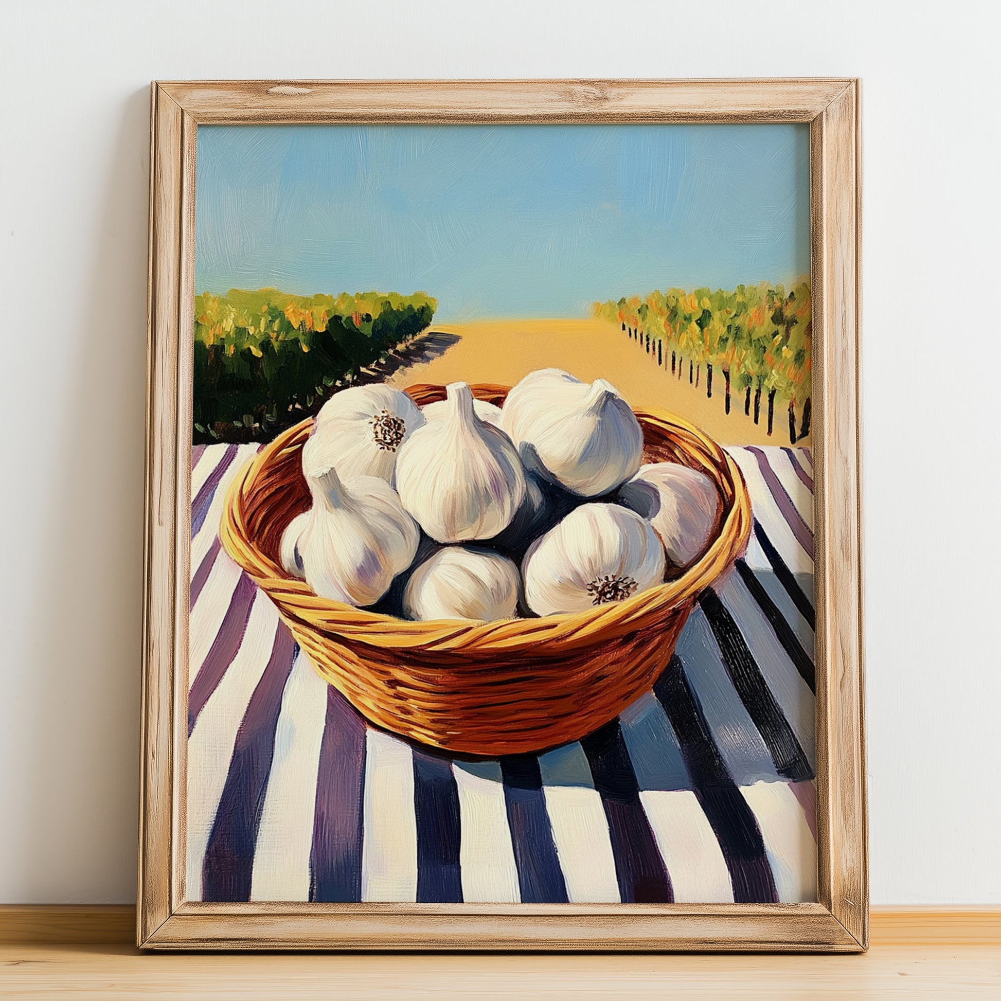 Garlic – Green Valley Landscape, Vegetable Poster, no-text version framed in wood