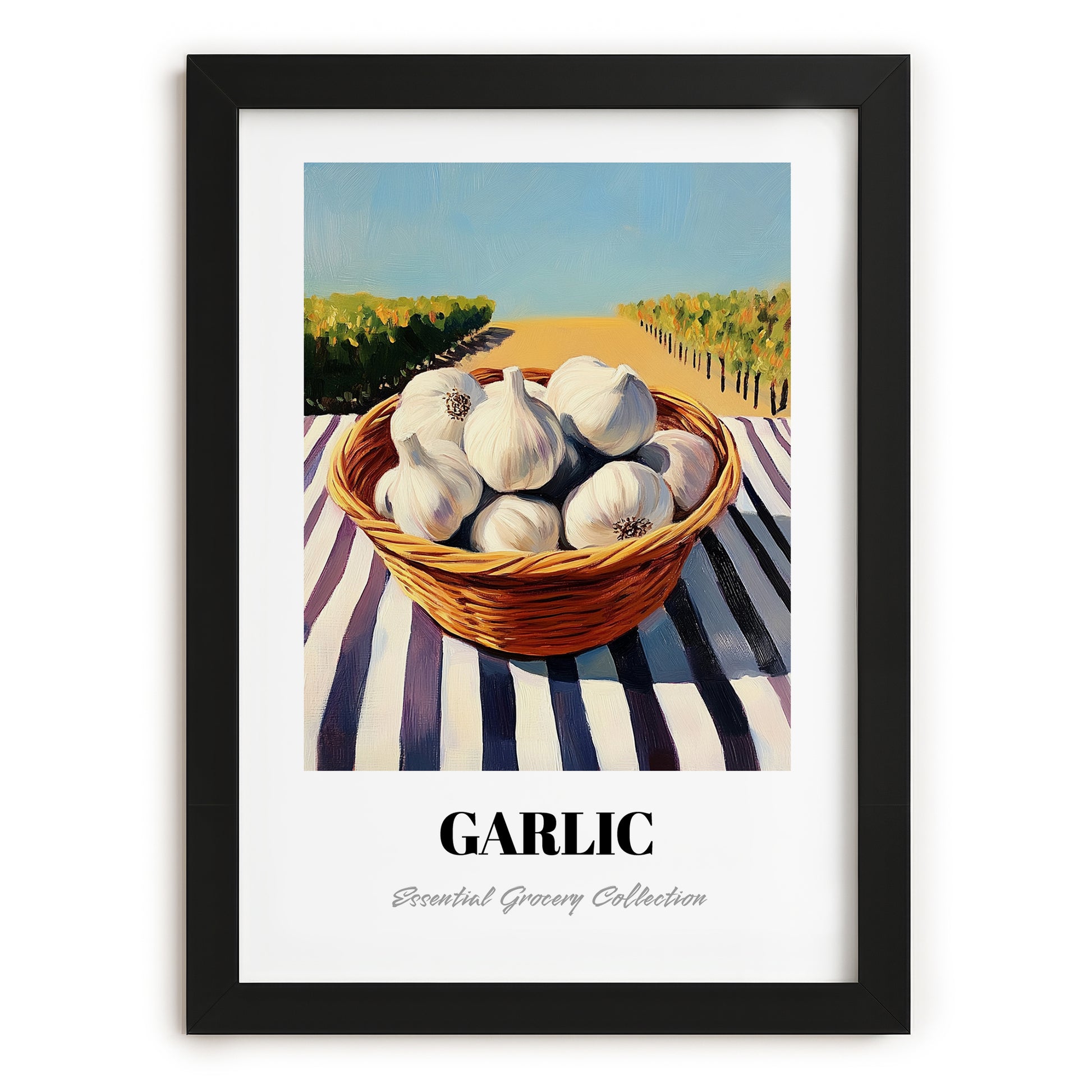 Garlic – Green Valley Landscape, Vegetable Poster, in sleek black frame