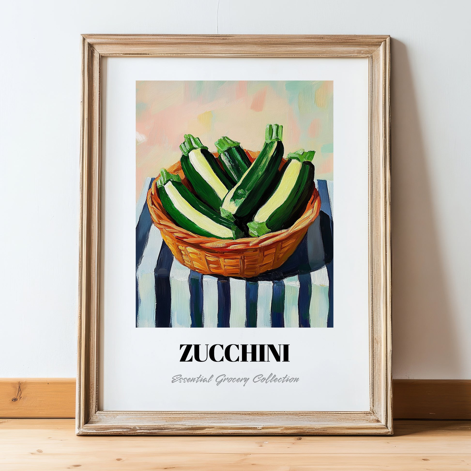 Zucchini – on Striped Tablecloth, Vegetable Poster, in wooden frame leaning on the floor