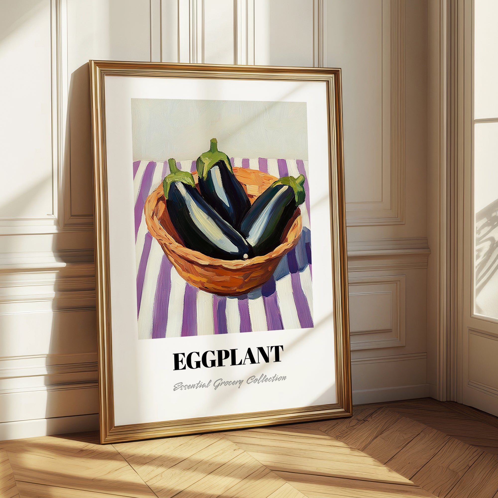 Eggplant – on Striped Tablecloth, Vegetable Art