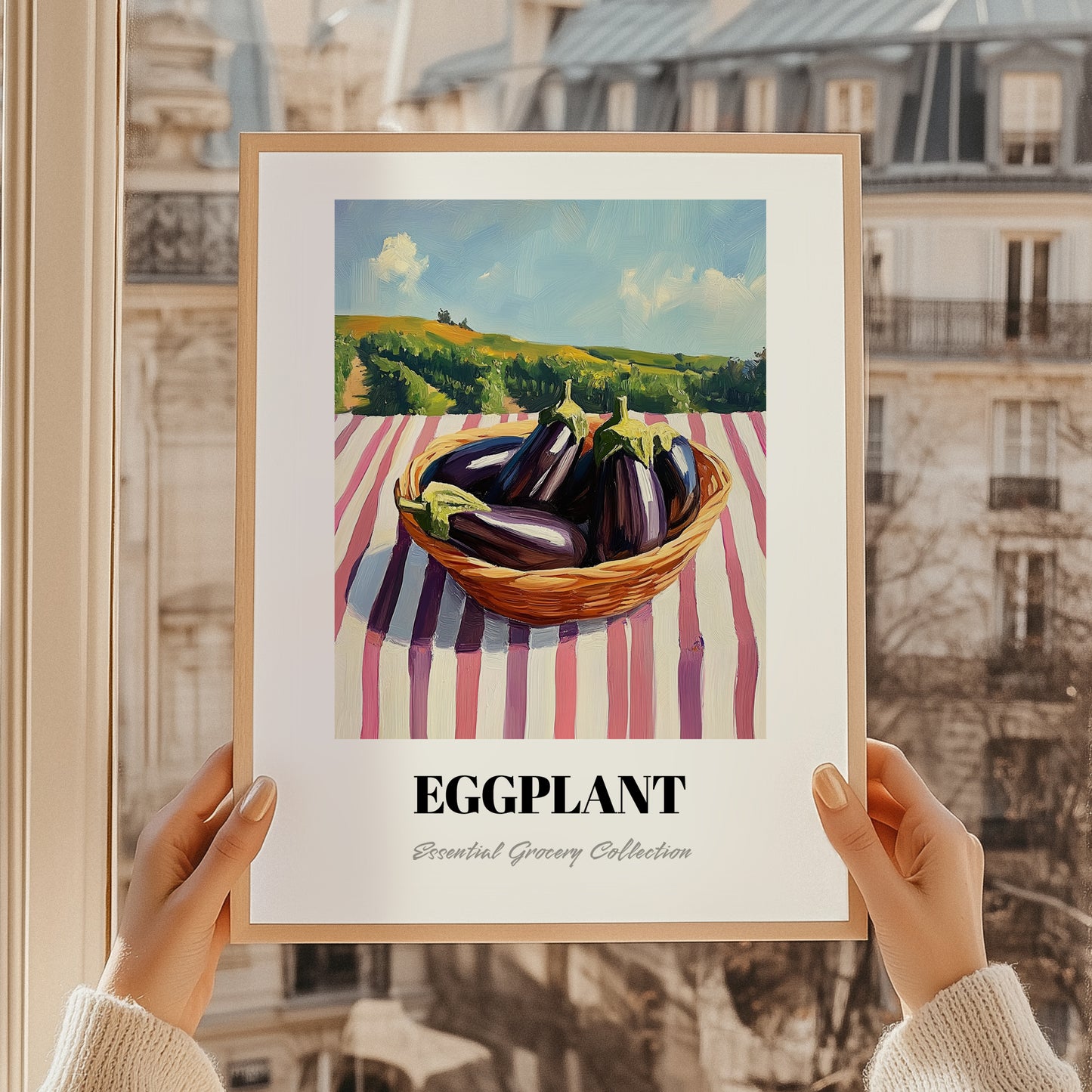 Eggplant – Valley Café Scene, Vegetable Still Life, styled in a charming Paris street view