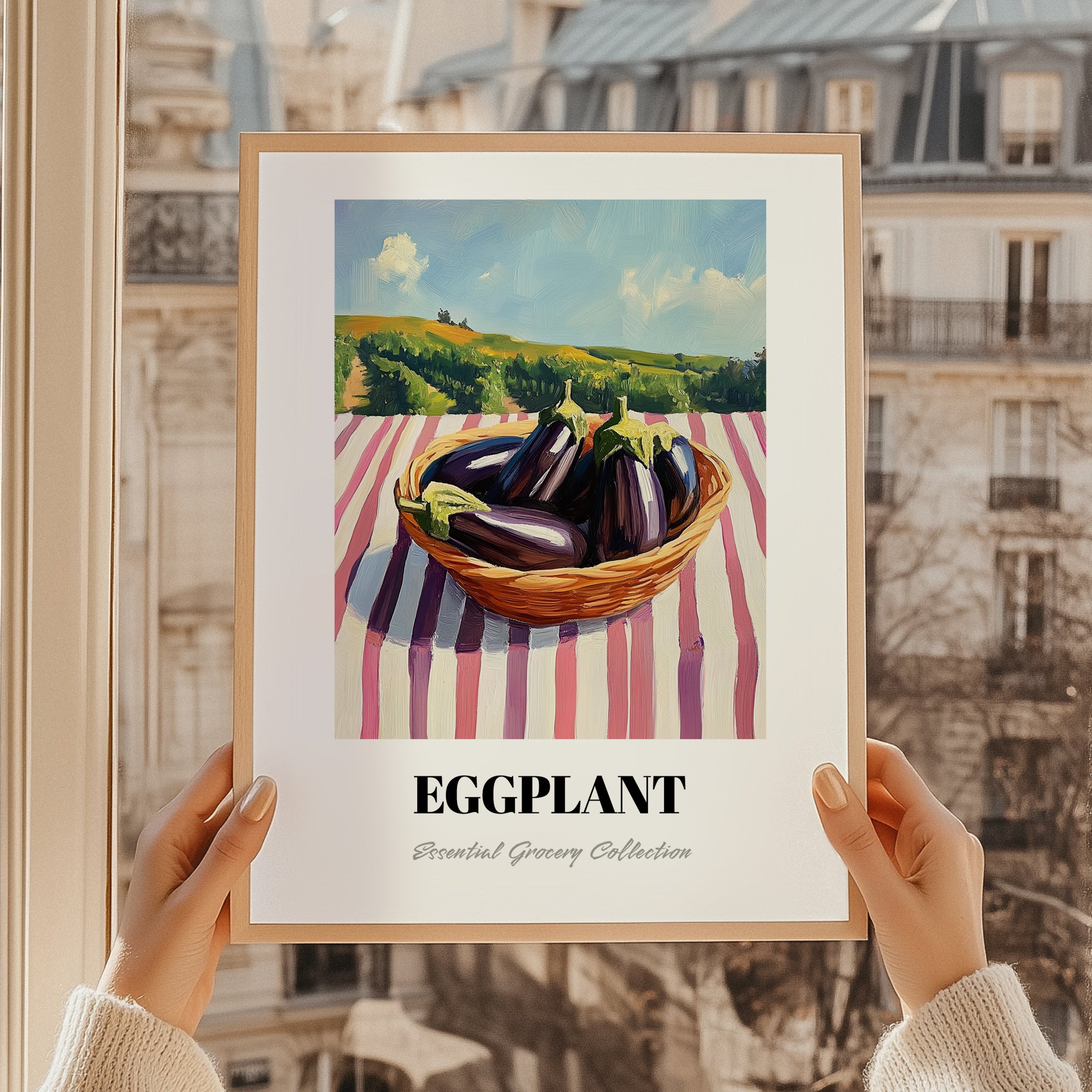 Eggplant – Valley Café Scene, Vegetable Still Life, styled in a charming Paris street view