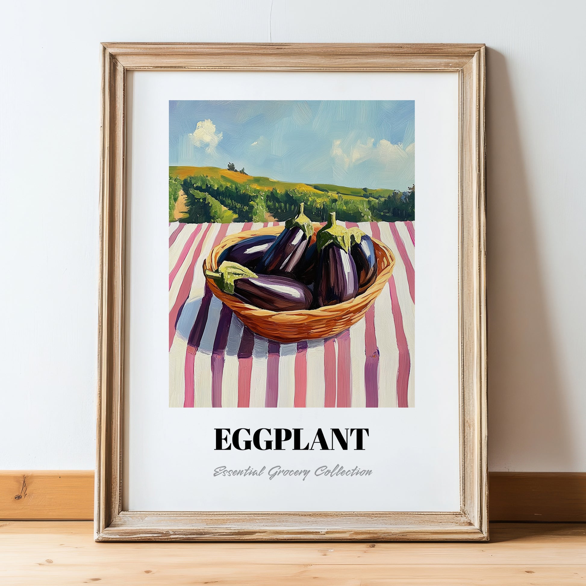 Eggplant – Valley Café Scene, Vegetable Still Life, in wooden frame leaning on the floor