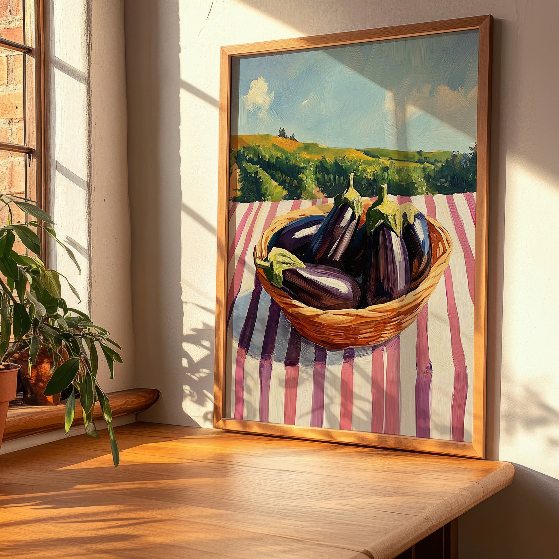Eggplant – Valley Café Scene, Vegetable Still Life, clean layout with no caption