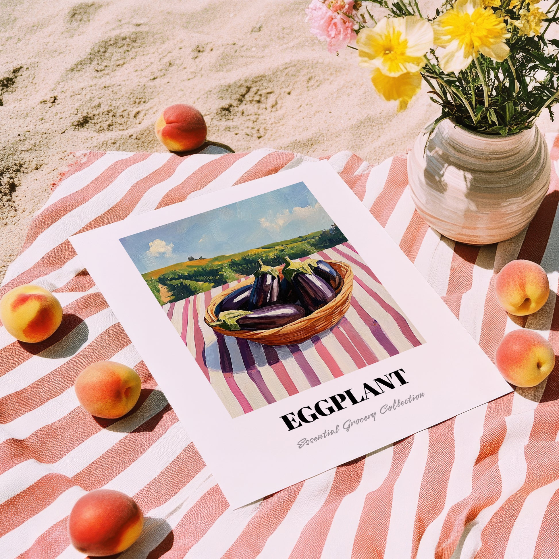 Eggplant – Valley Café Scene, Vegetable Still Life, unframed on coastal sand