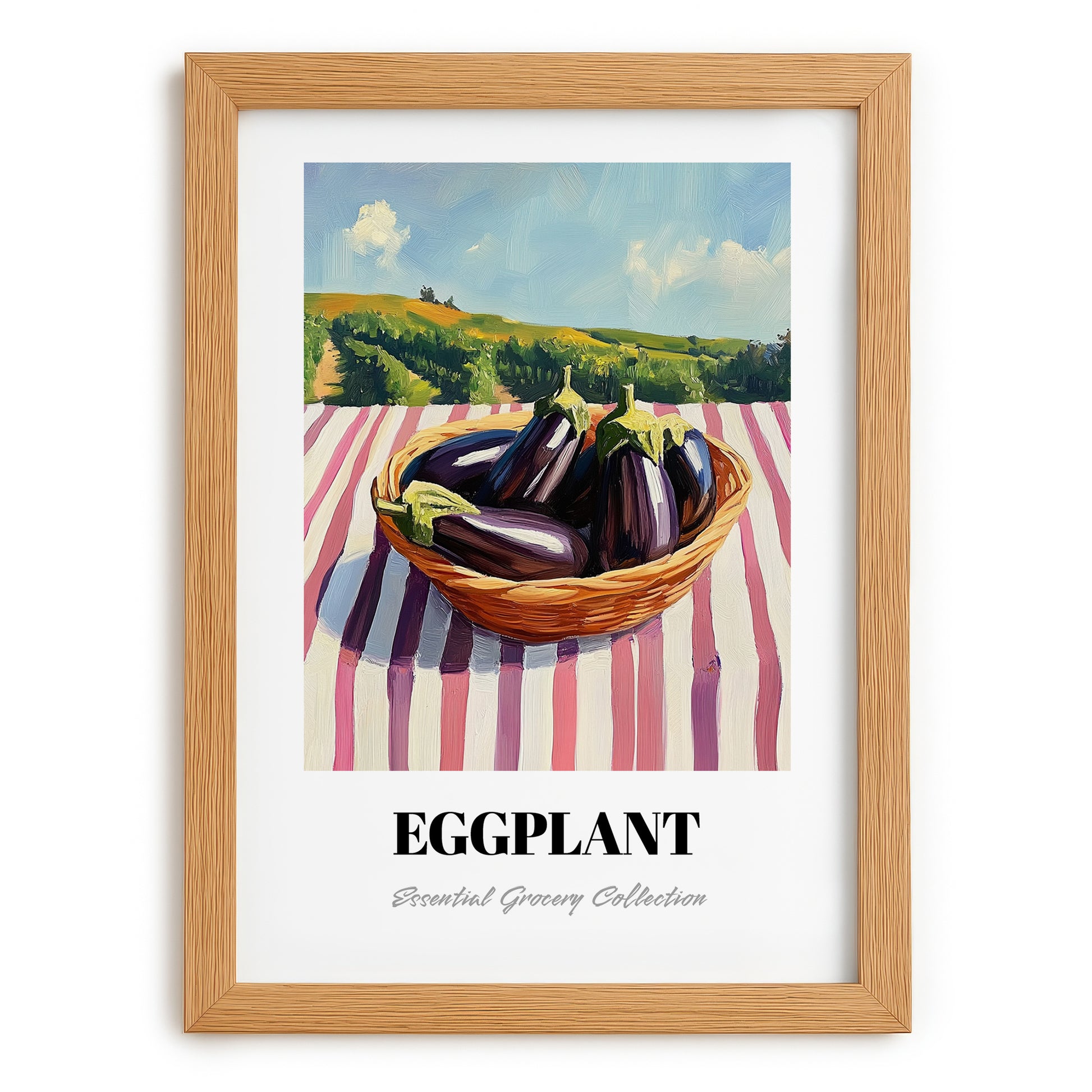Eggplant – Valley Café Scene, Vegetable Still Life, set in oak frame