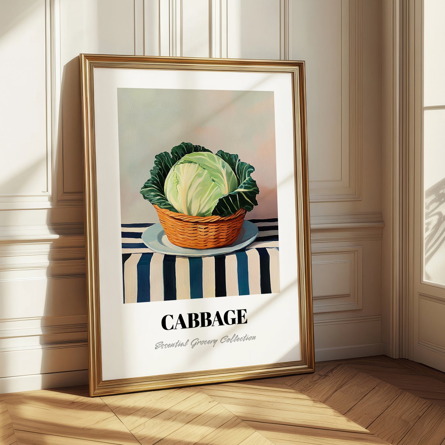 Cabbage – on Striped Tablecloth, Vegetable Poster