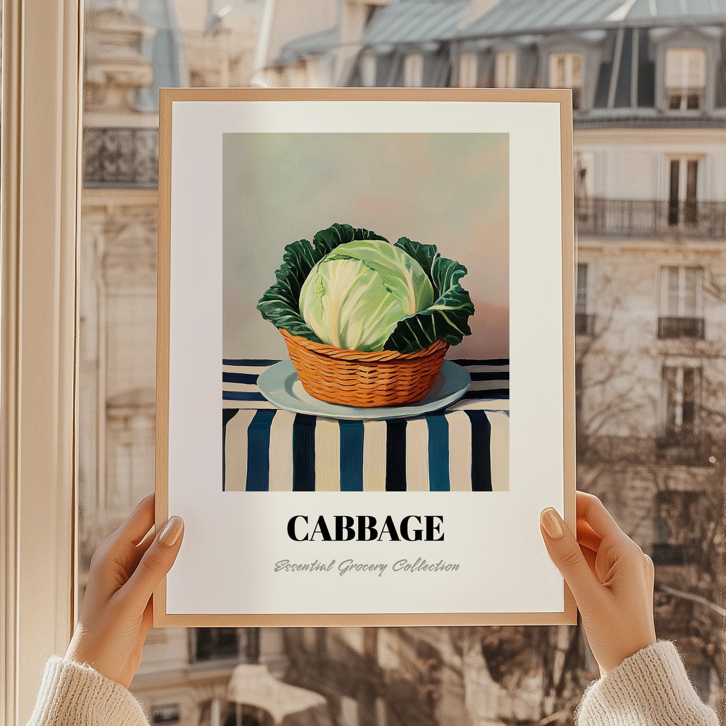 Cabbage – on Striped Tablecloth, Vegetable Poster, styled in a charming Paris street view