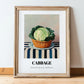 Cabbage – on Striped Tablecloth, Vegetable Poster, in wooden frame leaning on the floor