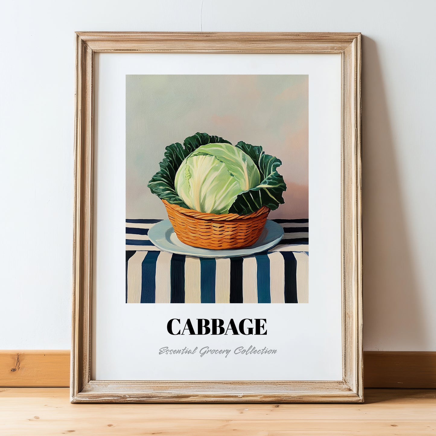 Cabbage – on Striped Tablecloth, Vegetable Poster, in wooden frame leaning on the floor