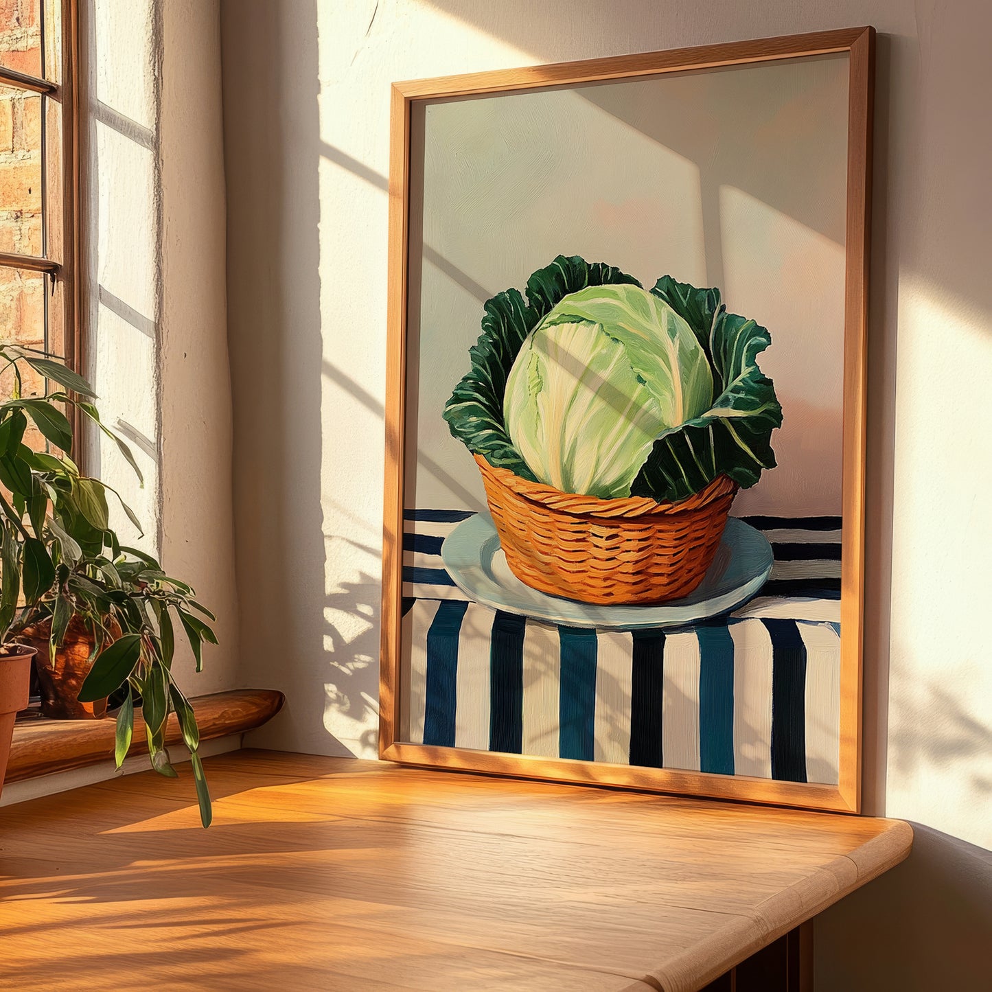 Cabbage – on Striped Tablecloth, Vegetable Poster, clean layout with no caption