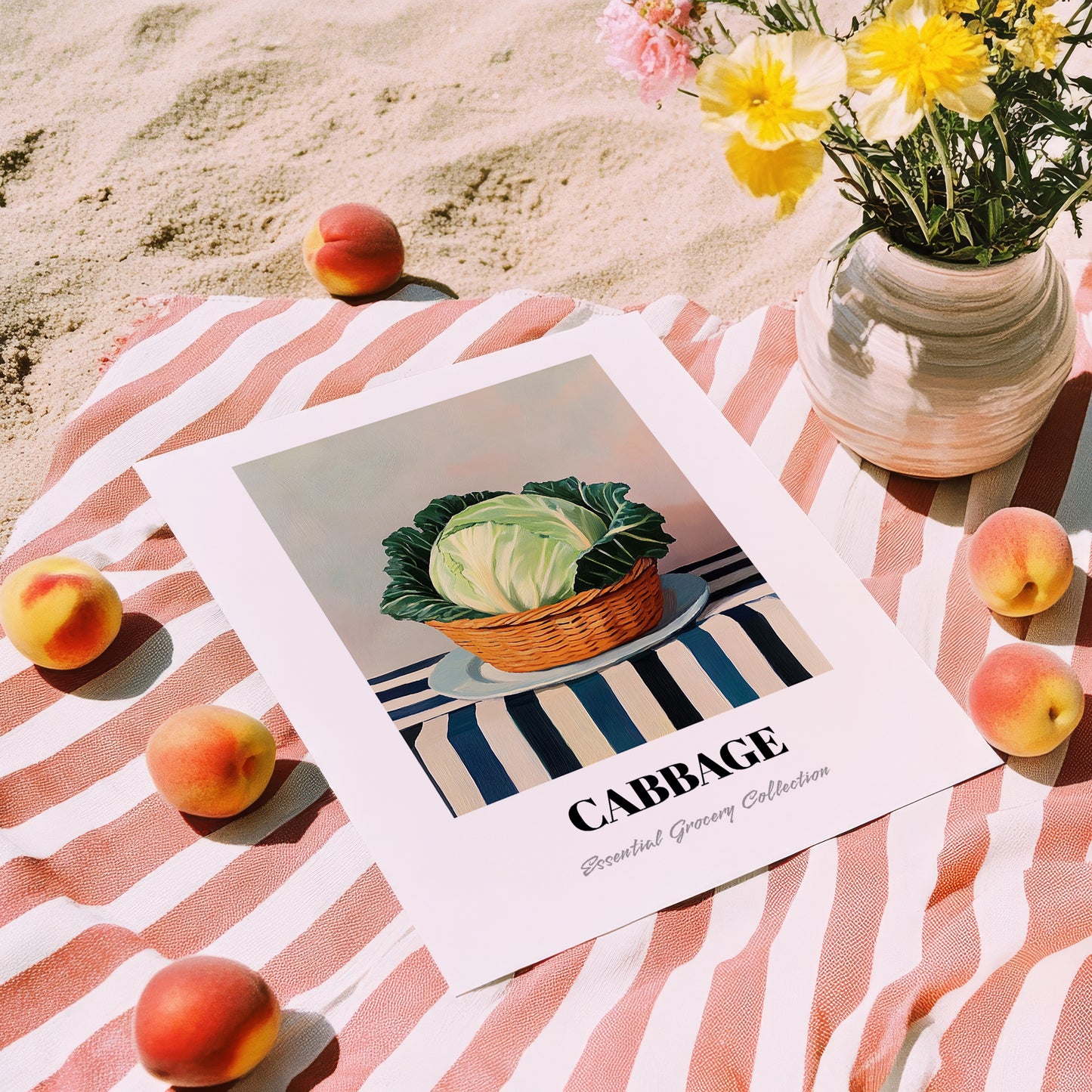 Cabbage – on Striped Tablecloth, Vegetable Poster, unframed on coastal sand