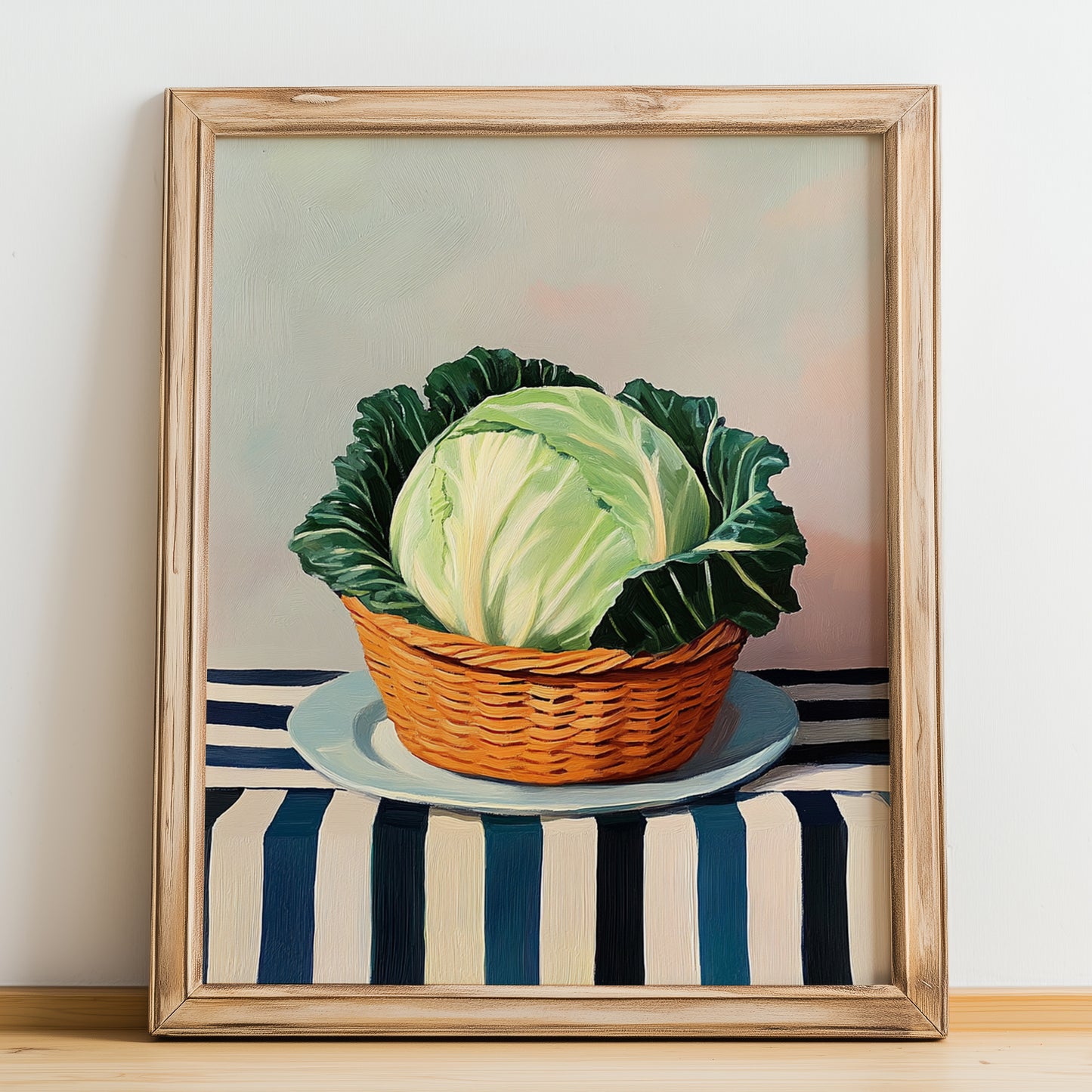 Cabbage – on Striped Tablecloth, Vegetable Poster, no-text version framed in wood