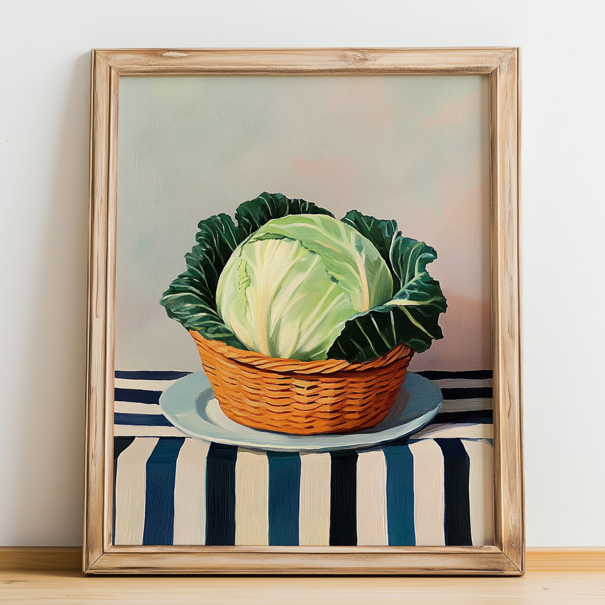 Cabbage – on Striped Tablecloth, Vegetable Poster, no-text version framed in wood