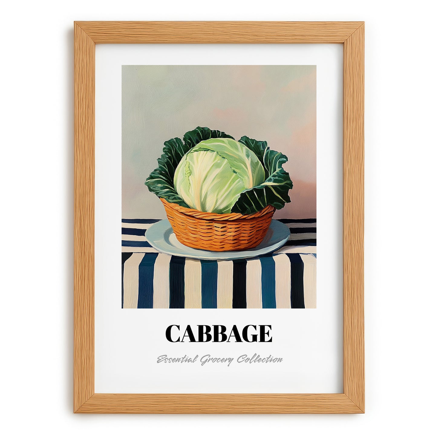 Cabbage – on Striped Tablecloth, Vegetable Poster, set in oak frame