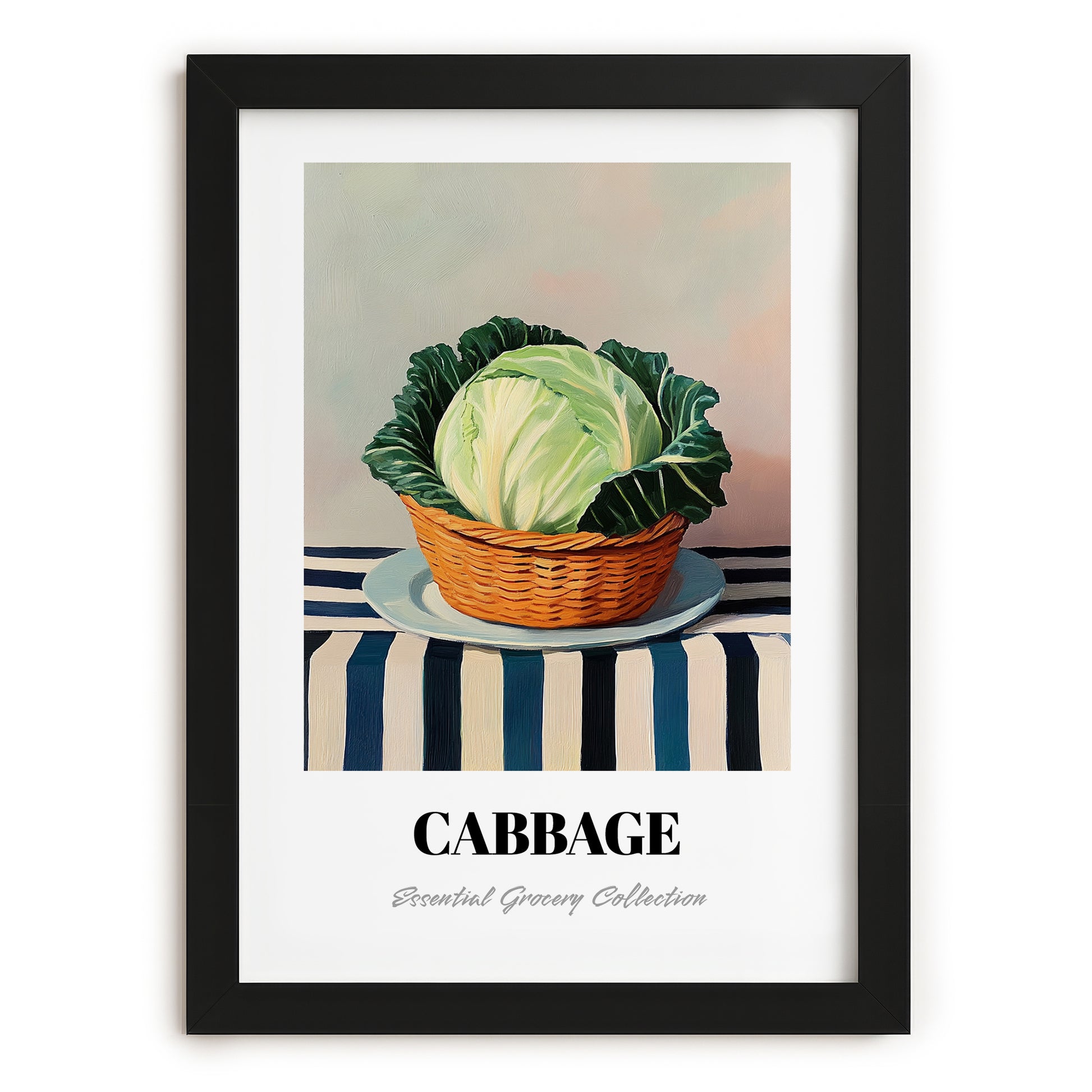 Cabbage – on Striped Tablecloth, Vegetable Poster, in sleek black frame