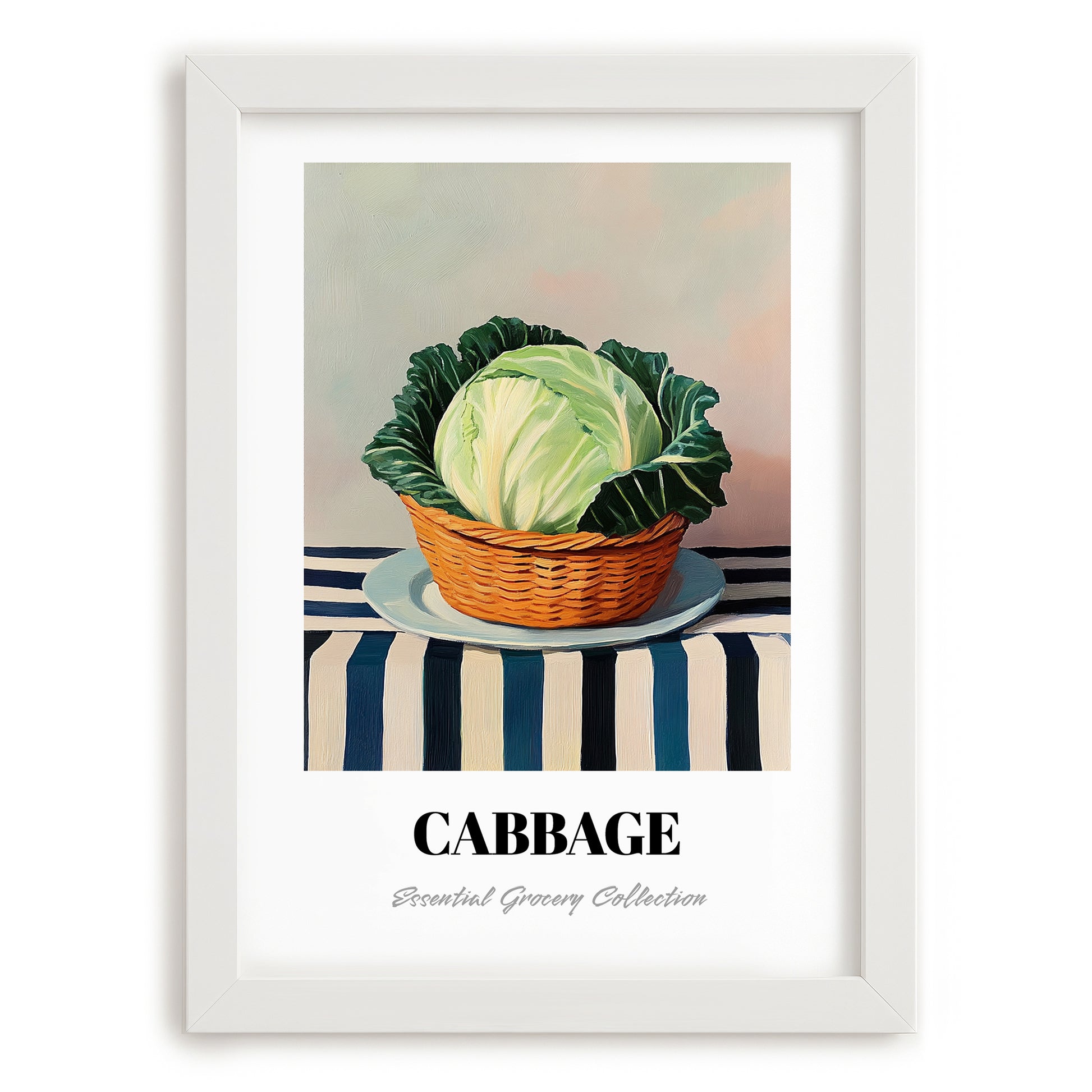 Cabbage – on Striped Tablecloth, Vegetable Poster, placed in minimal white frame