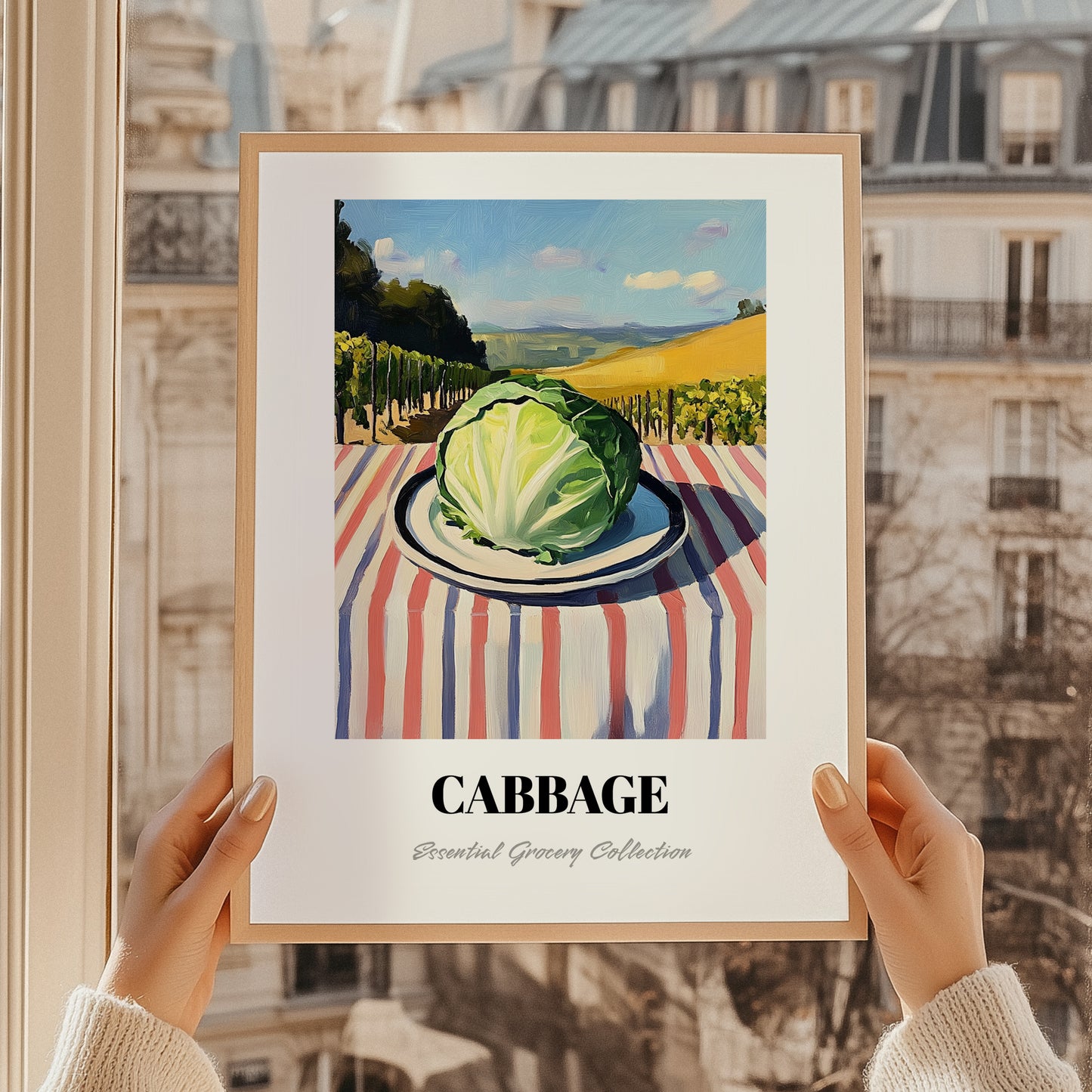 Cabbage – Valley Café Scene, Vegetable Still Life, styled in a charming Paris street view