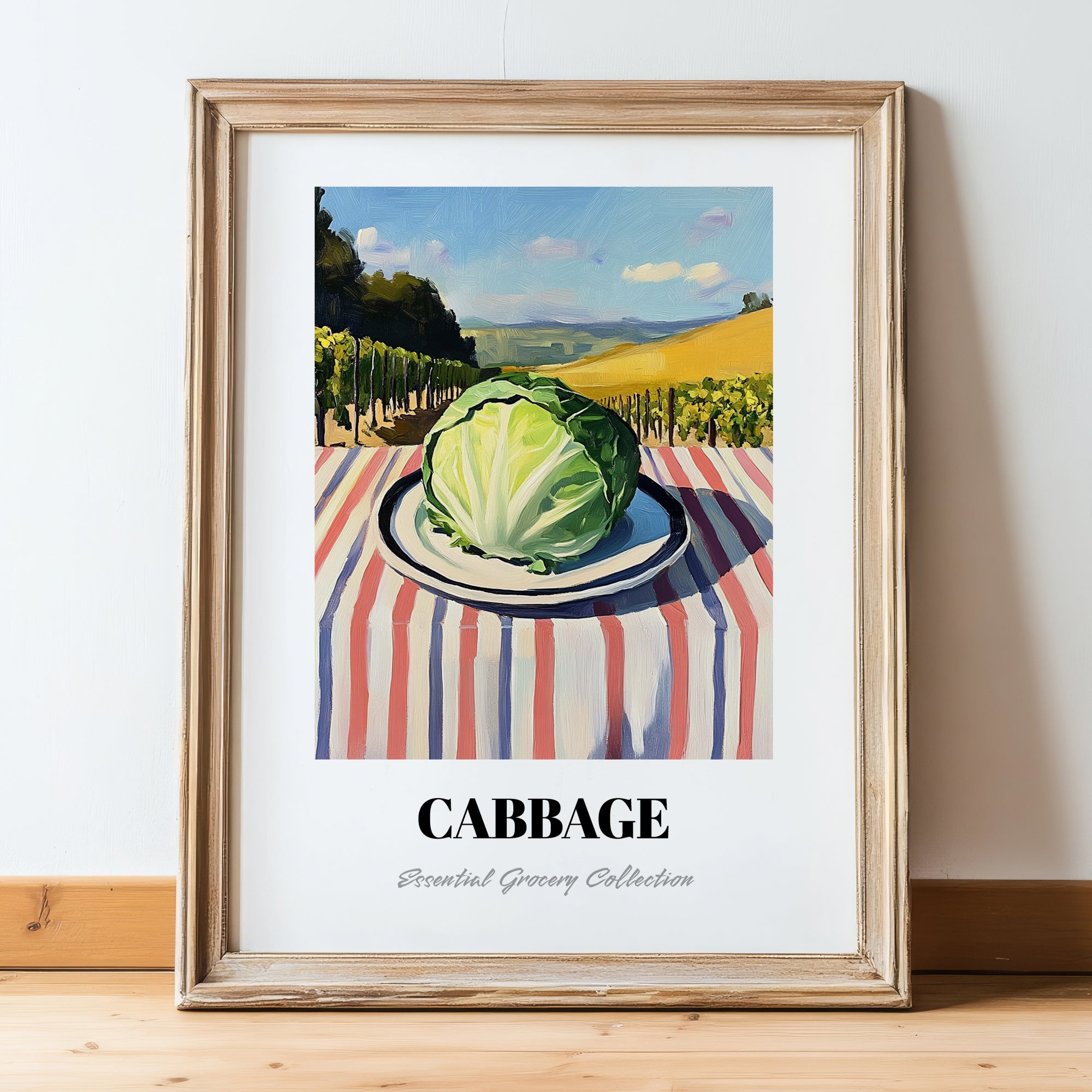 Cabbage – Valley Café Scene, Vegetable Still Life, in wooden frame leaning on the floor