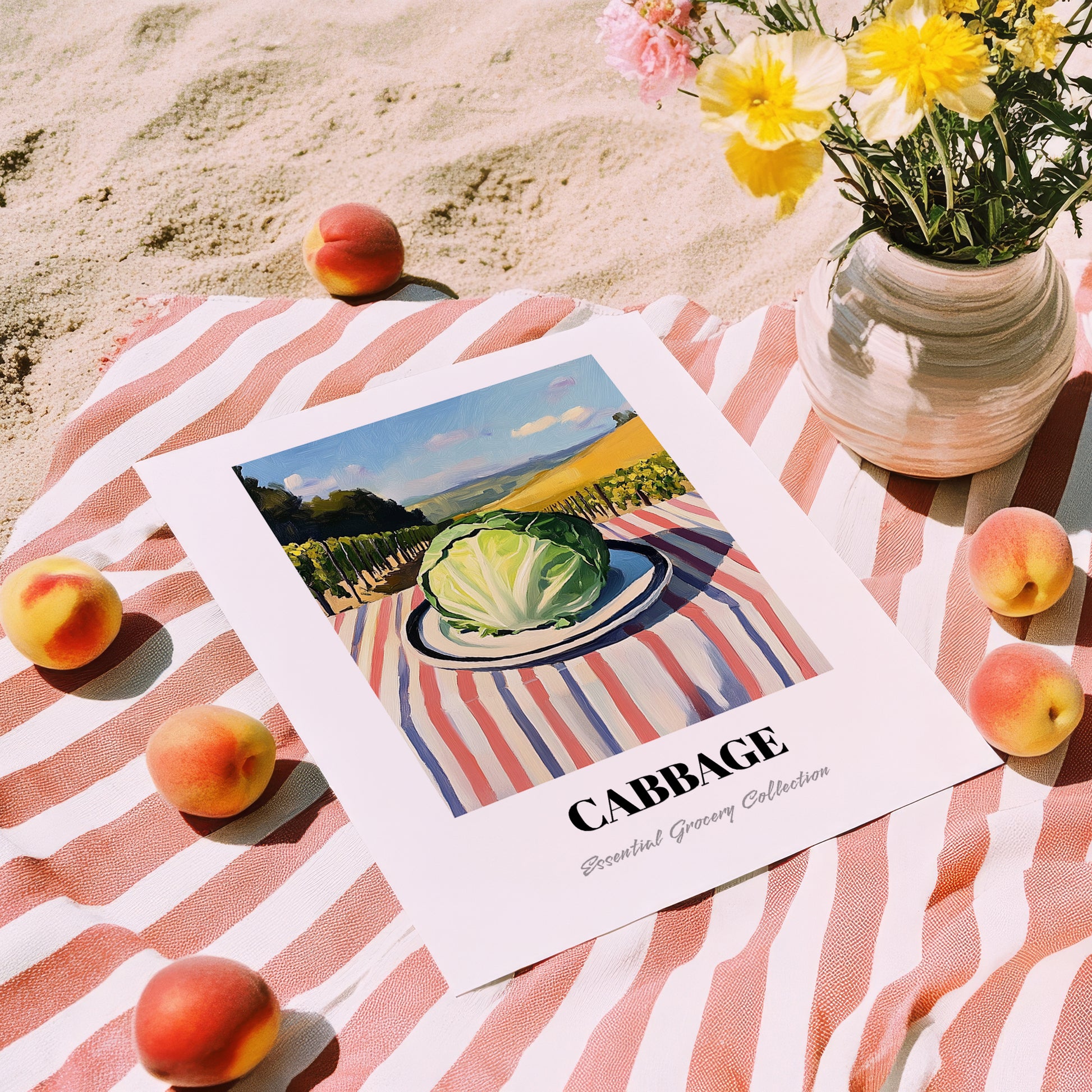 Cabbage – Valley Café Scene, Vegetable Still Life, unframed on coastal sand