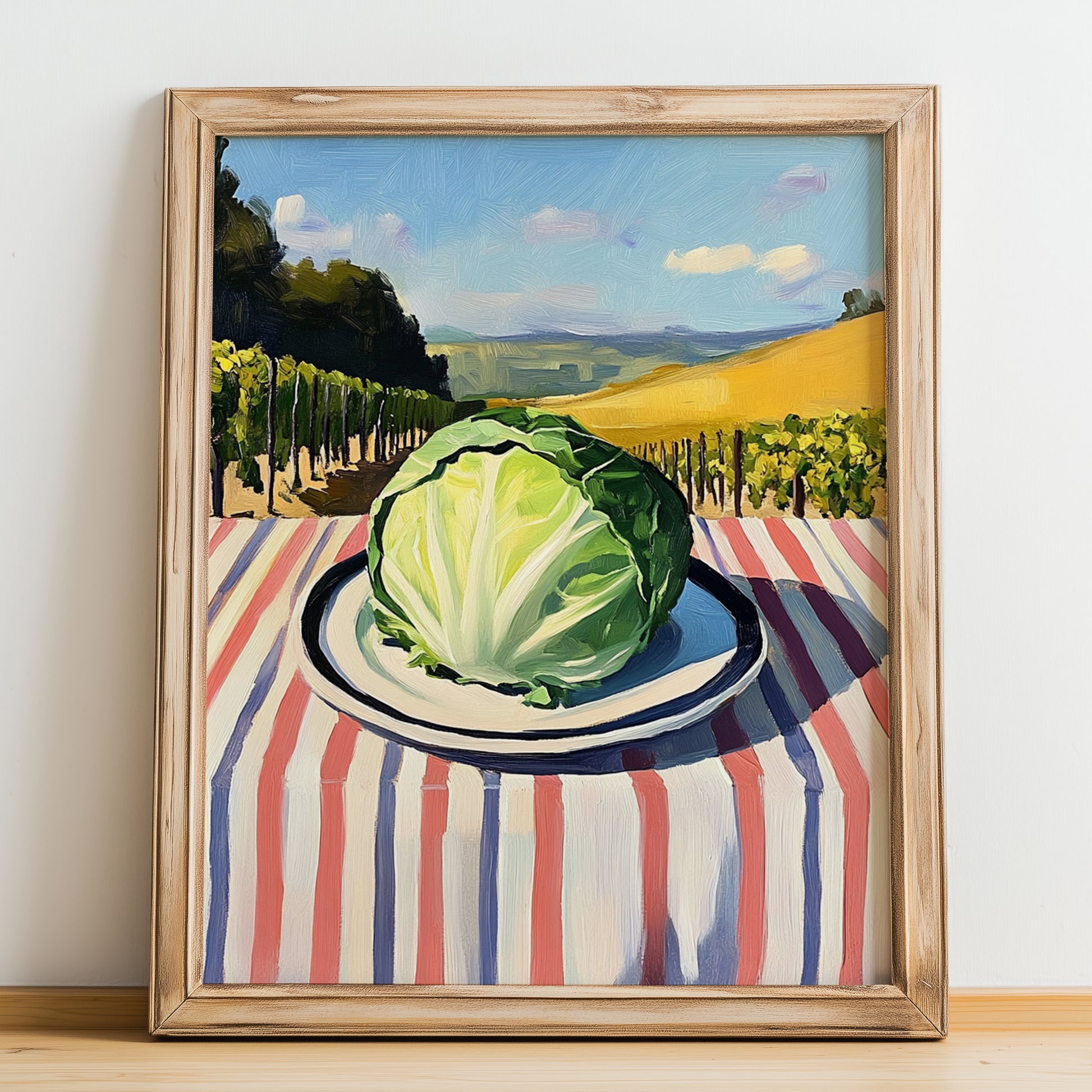 Cabbage – Valley Café Scene, Vegetable Still Life, no-text version framed in wood