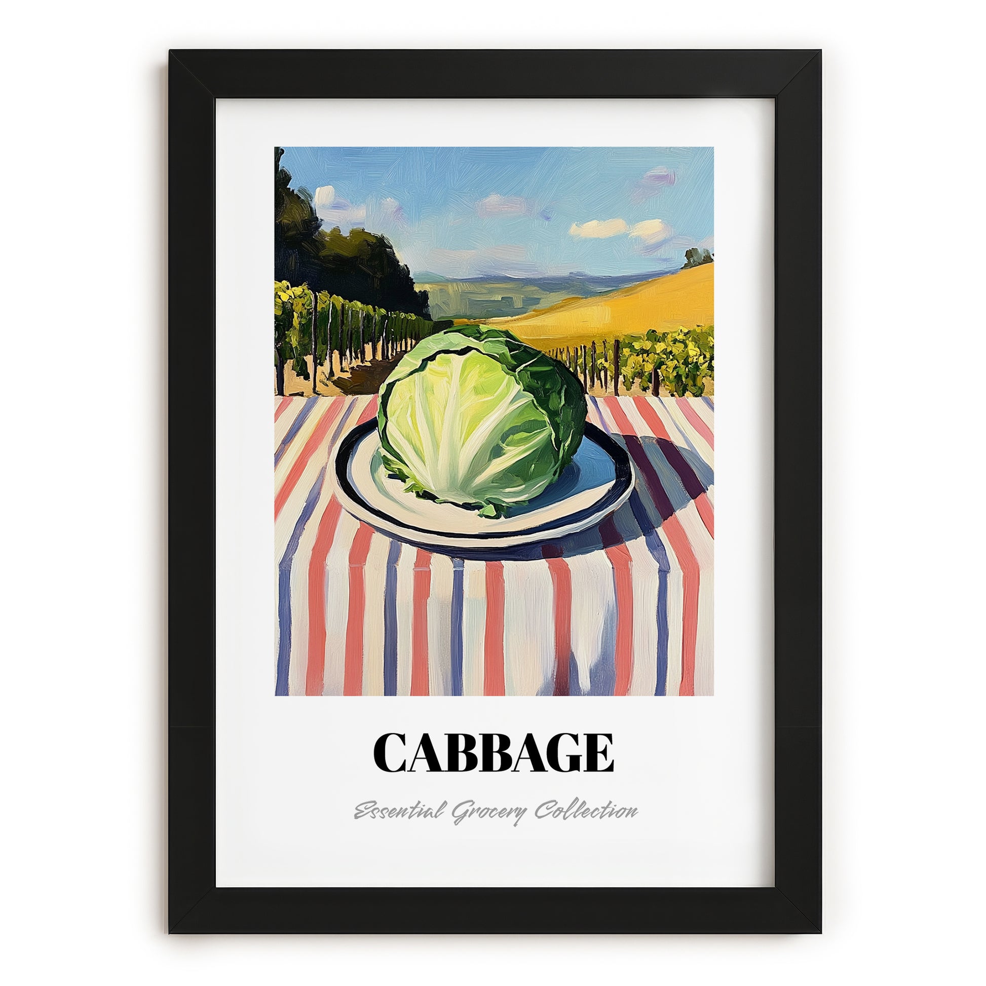 Cabbage – Valley Café Scene, Vegetable Still Life, in sleek black frame