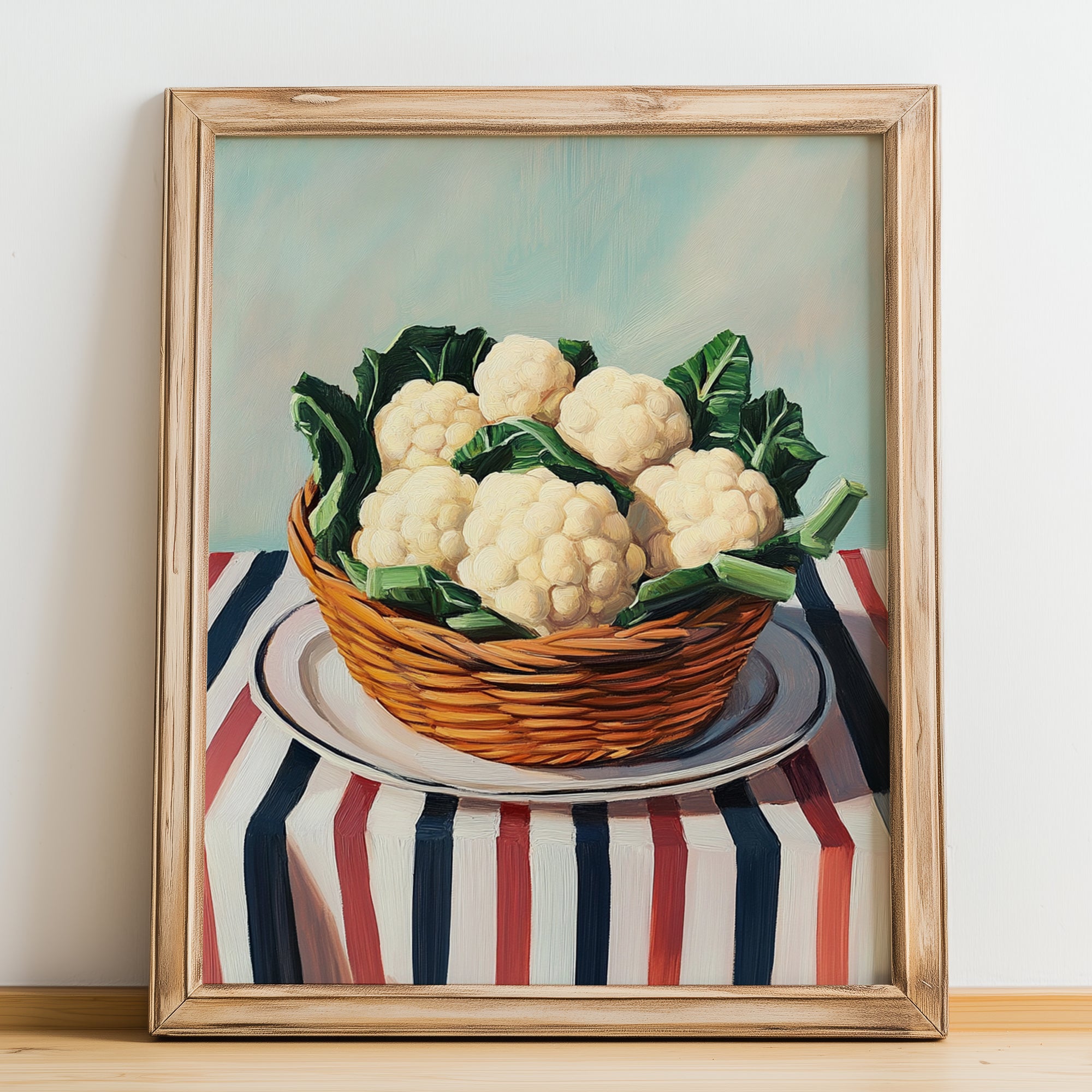 Cauliflower – on Striped Tablecloth, Vegetable Print, no-text version framed in wood