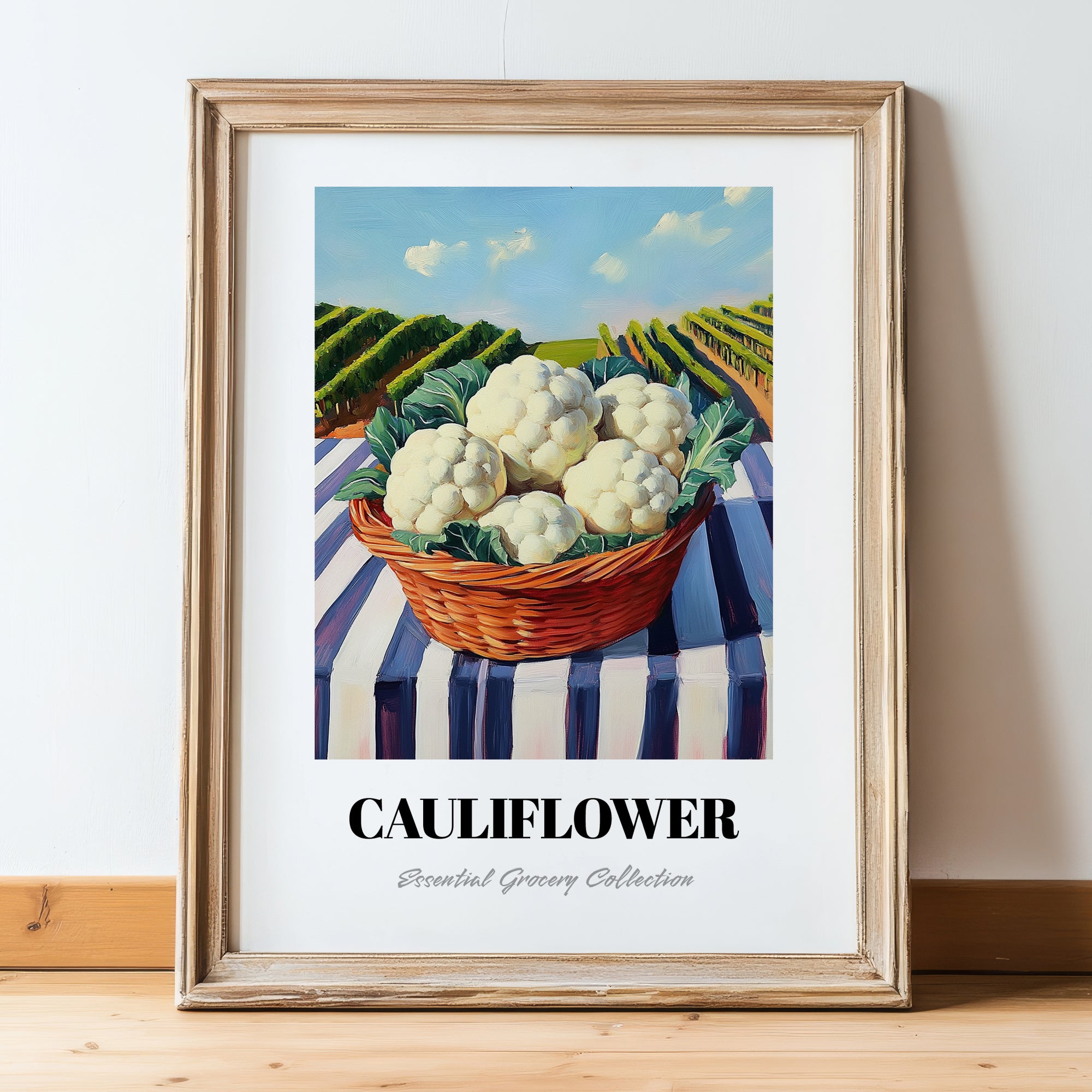 Cauliflower – Green Valley Landscape, Vegetable Illustration, in wooden frame leaning on the floor