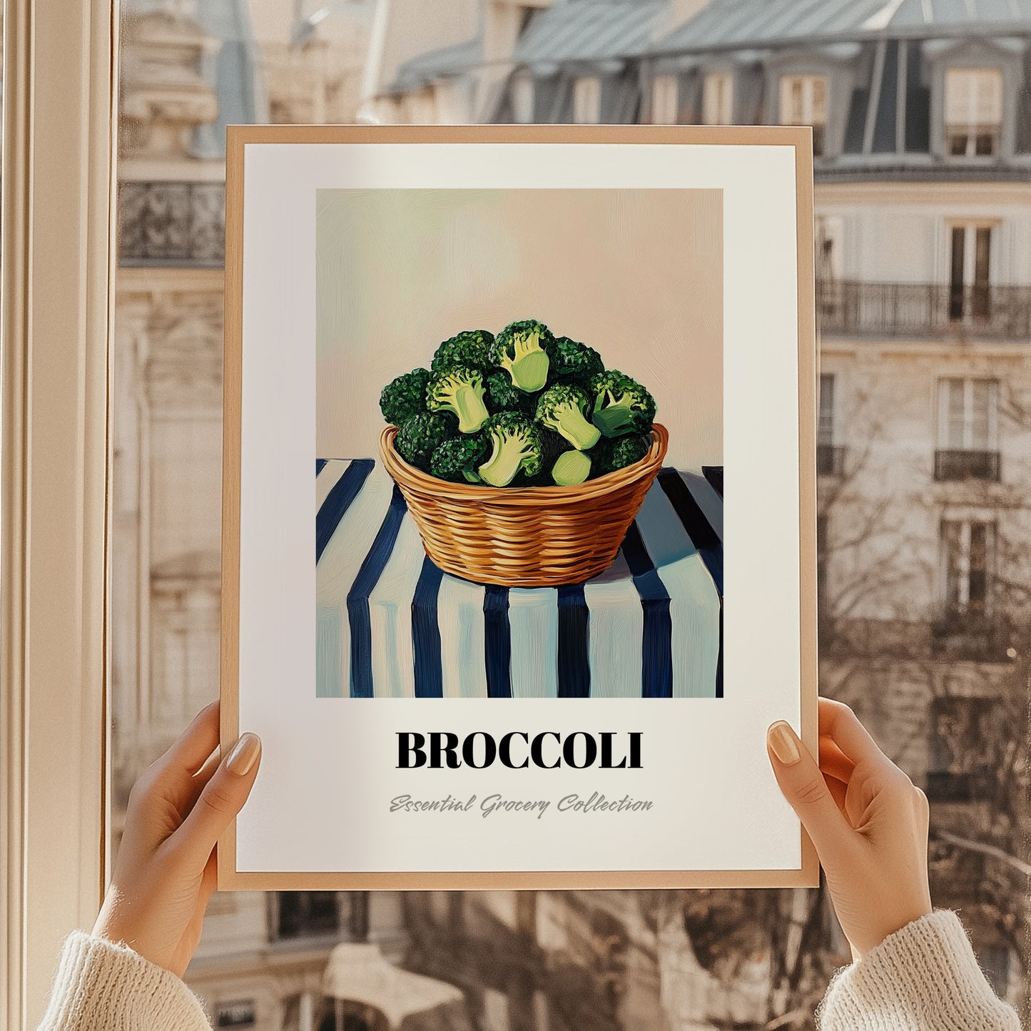 Broccoli – on Striped Tablecloth, Vegetable Still Life, styled in a charming Paris street view