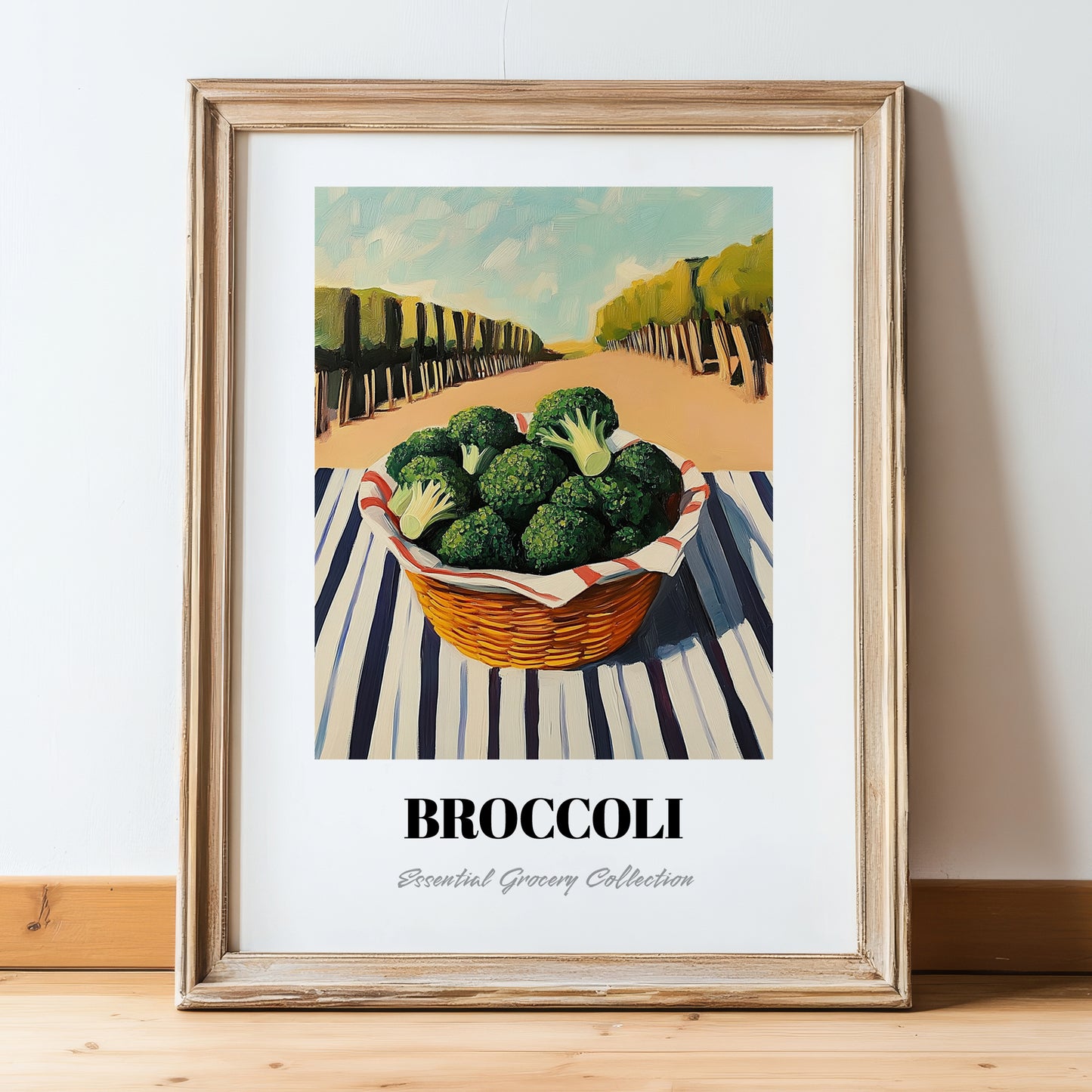 Broccoli – Valley Café Scene, Vegetable Wall Decor, in wooden frame leaning on the floor