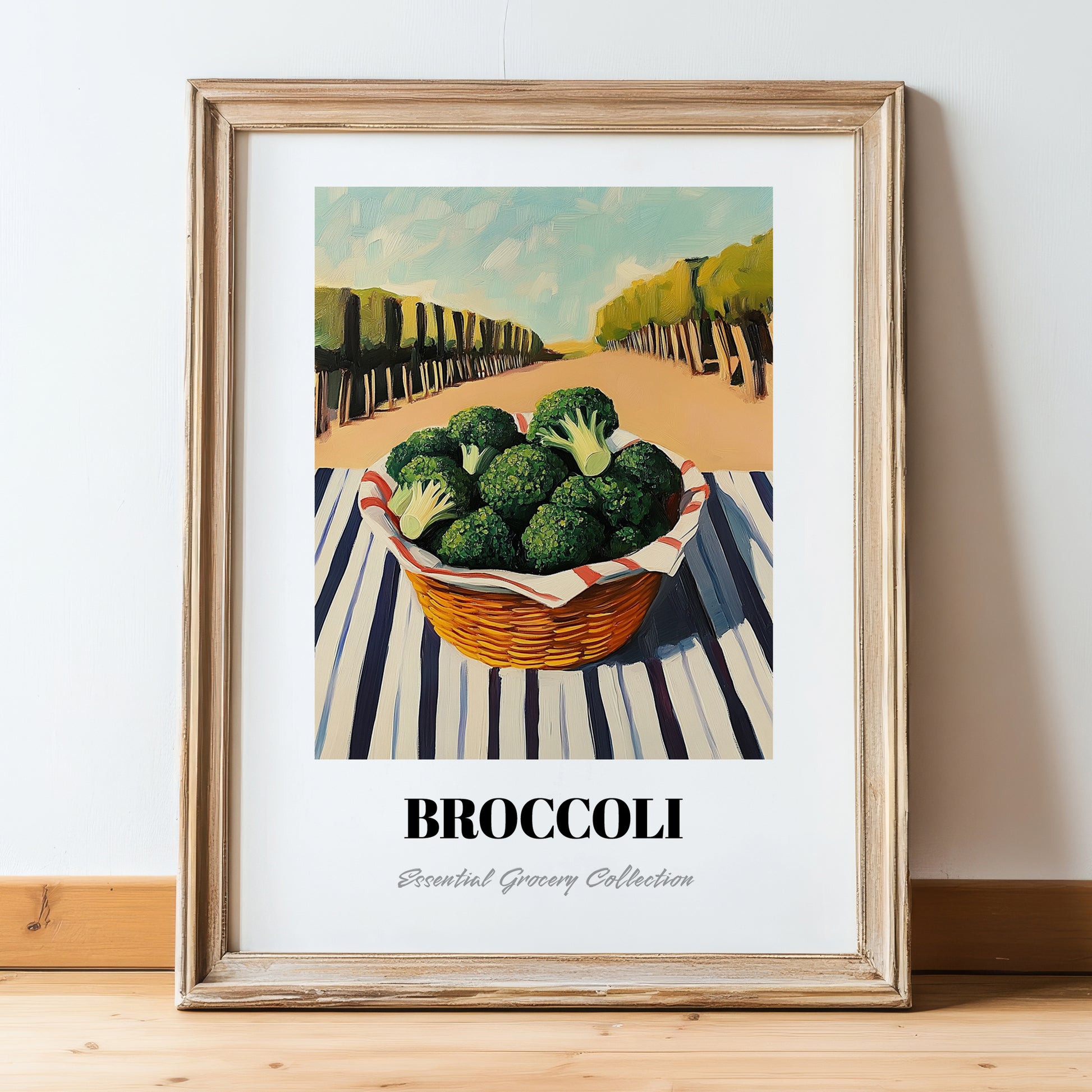 Broccoli – Valley Café Scene, Vegetable Wall Decor, in wooden frame leaning on the floor
